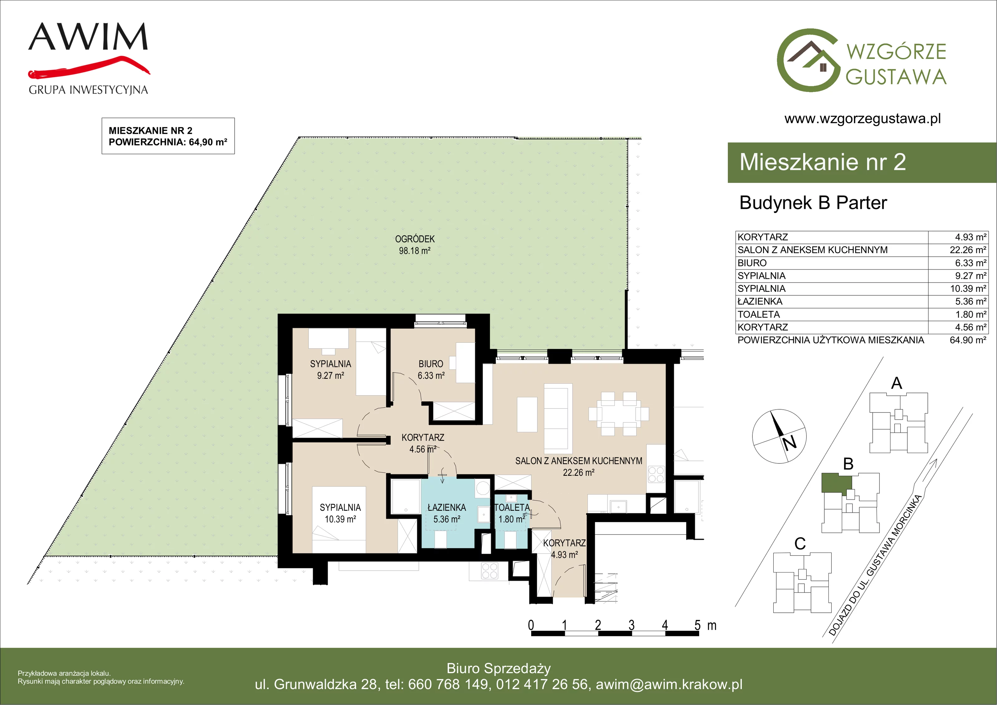4 pokoje, mieszkanie 65,10 m², parter, oferta nr B2, Wzgórze Gustawa, Kraków, Wzgórza Krzesławickie, Zesławice, ul. Gustawa Morcinka