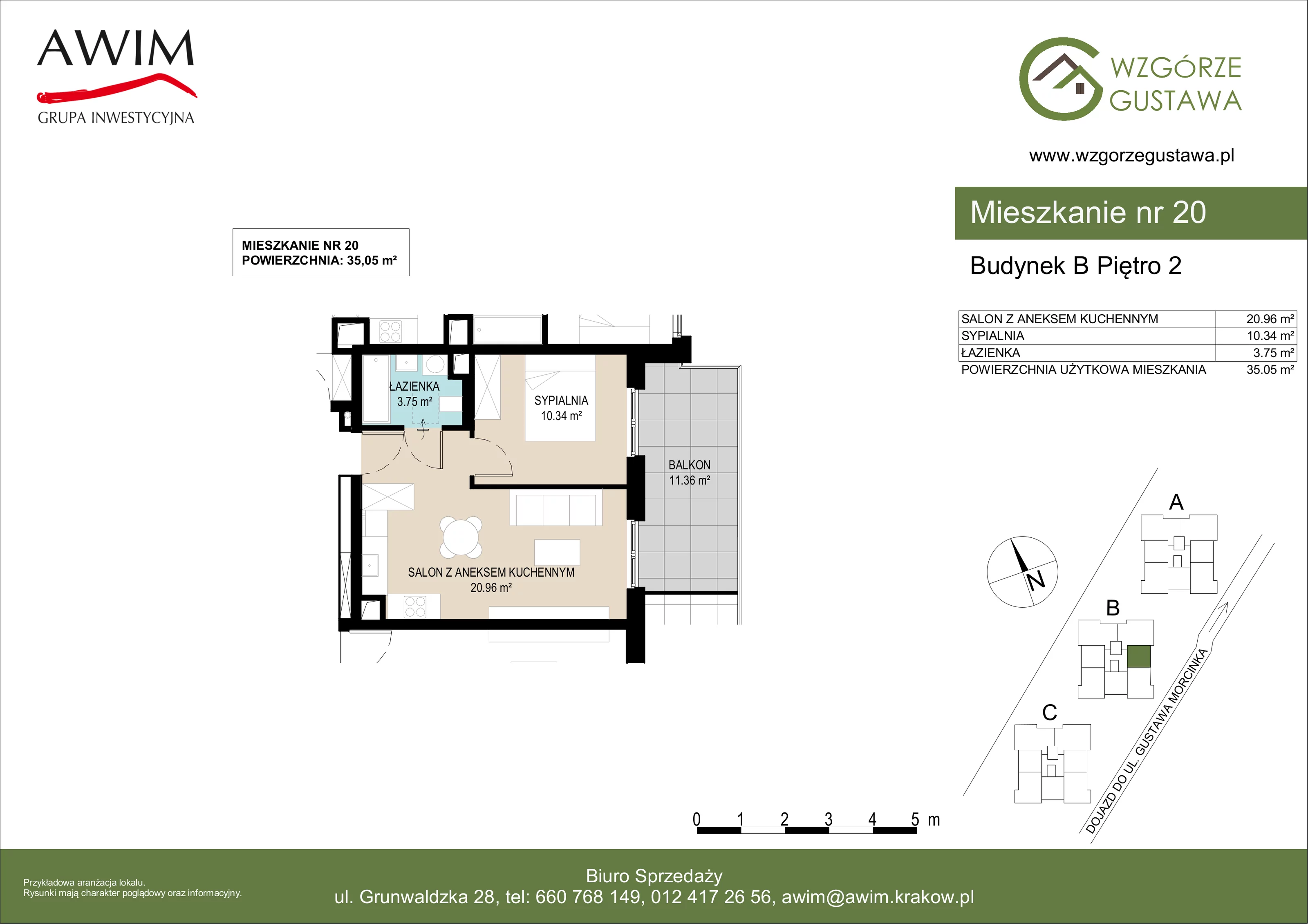 2 pokoje, mieszkanie 35,05 m², piętro 2, oferta nr B20, Wzgórze Gustawa, Kraków, Wzgórza Krzesławickie, Zesławice, ul. Gustawa Morcinka