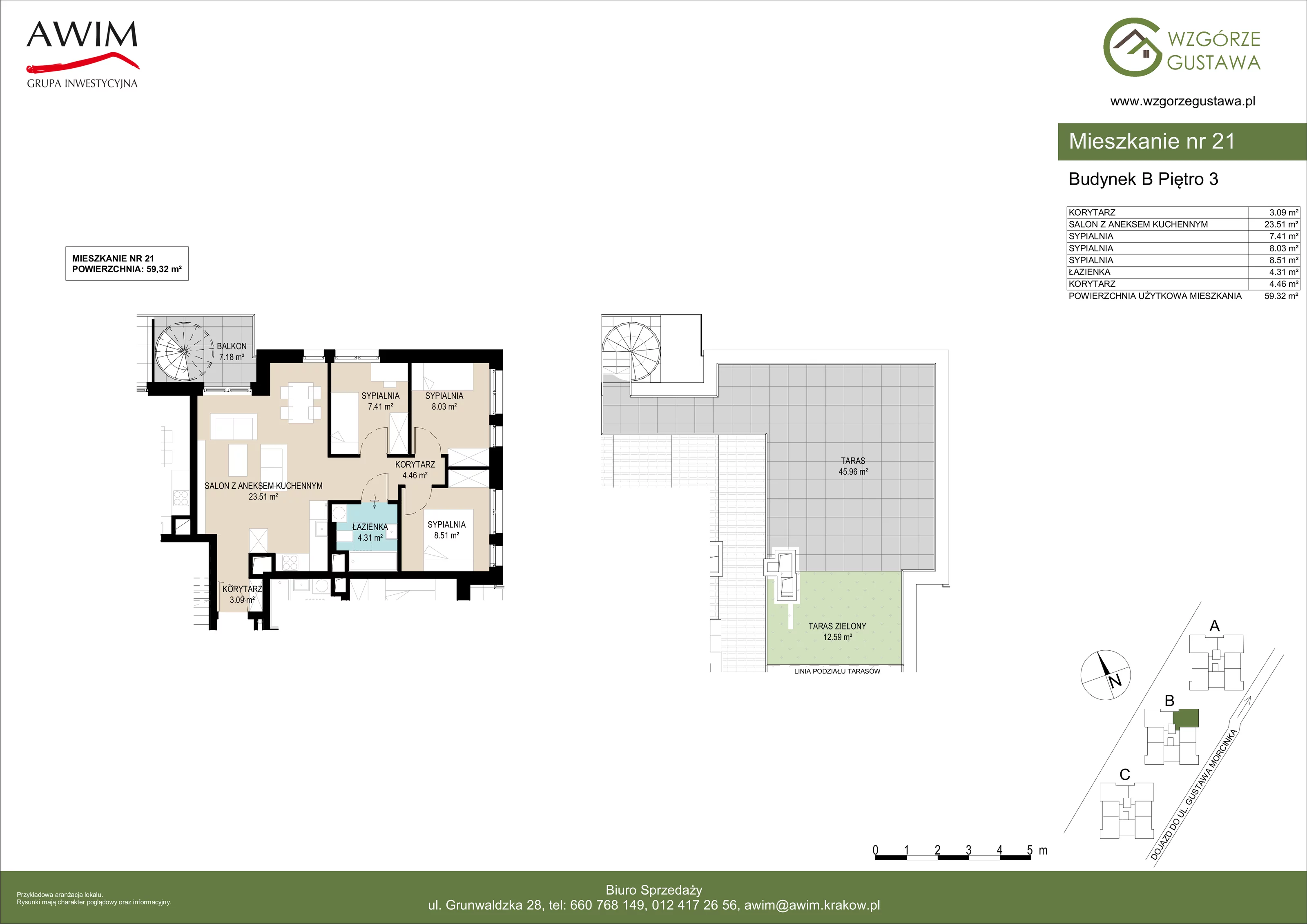 4 pokoje, mieszkanie 59,31 m², piętro 3, oferta nr B21, Wzgórze Gustawa, Kraków, Wzgórza Krzesławickie, Zesławice, ul. Gustawa Morcinka