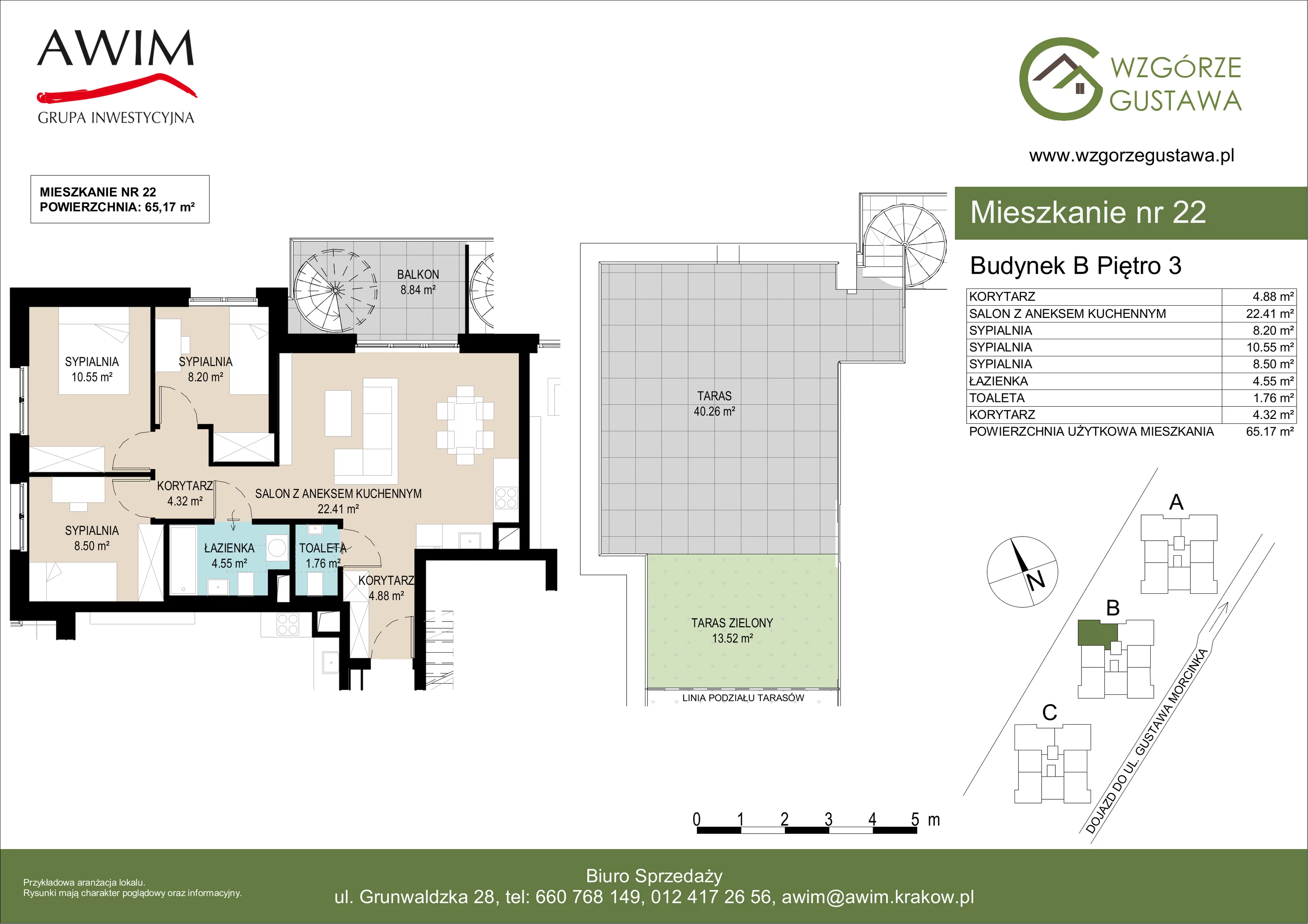 4 pokoje, mieszkanie 65,16 m², piętro 3, oferta nr B22, Wzgórze Gustawa, Kraków, Wzgórza Krzesławickie, Zesławice, ul. Gustawa Morcinka