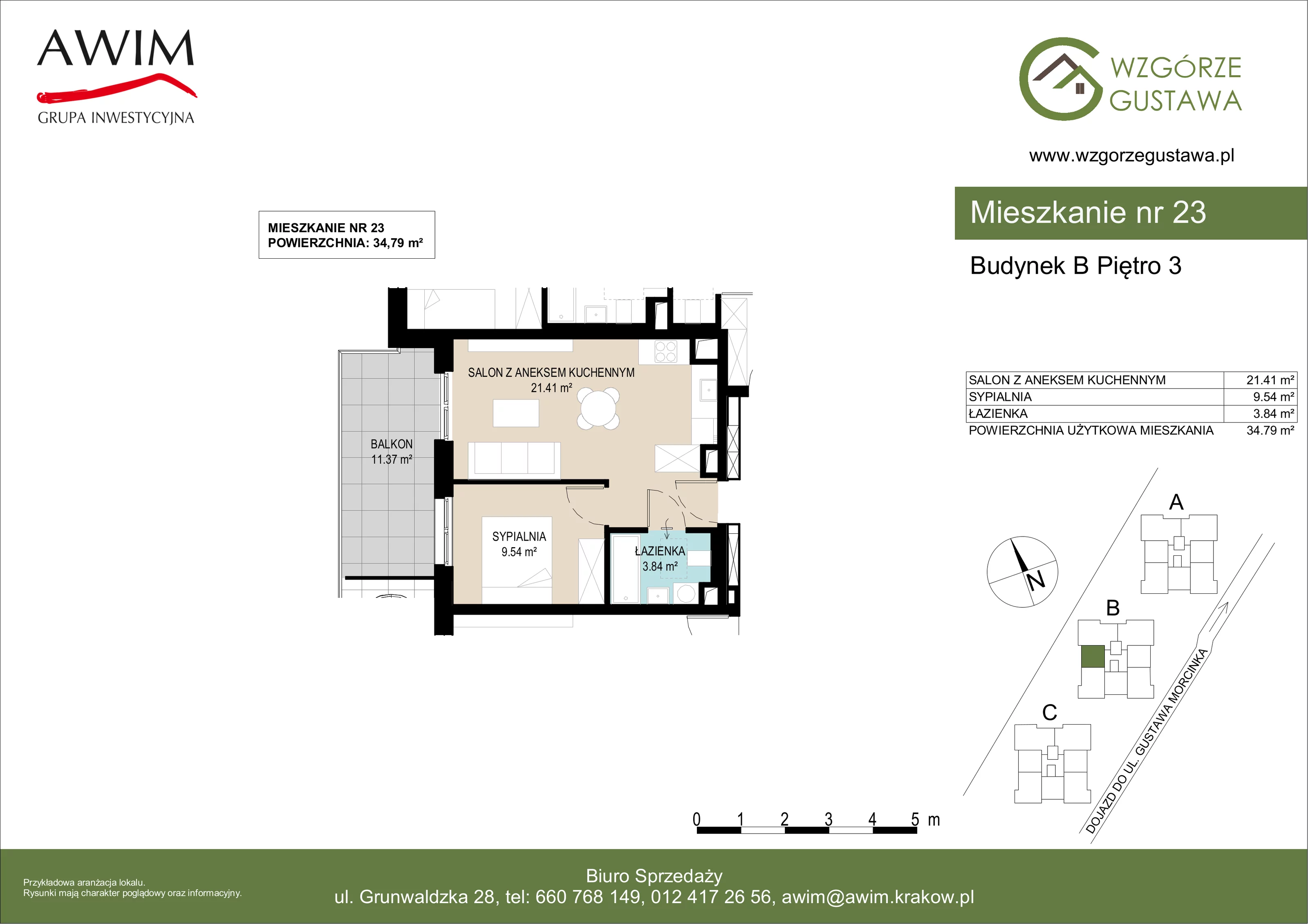 2 pokoje, mieszkanie 34,79 m², piętro 3, oferta nr B23, Wzgórze Gustawa, Kraków, Wzgórza Krzesławickie, Zesławice, ul. Gustawa Morcinka