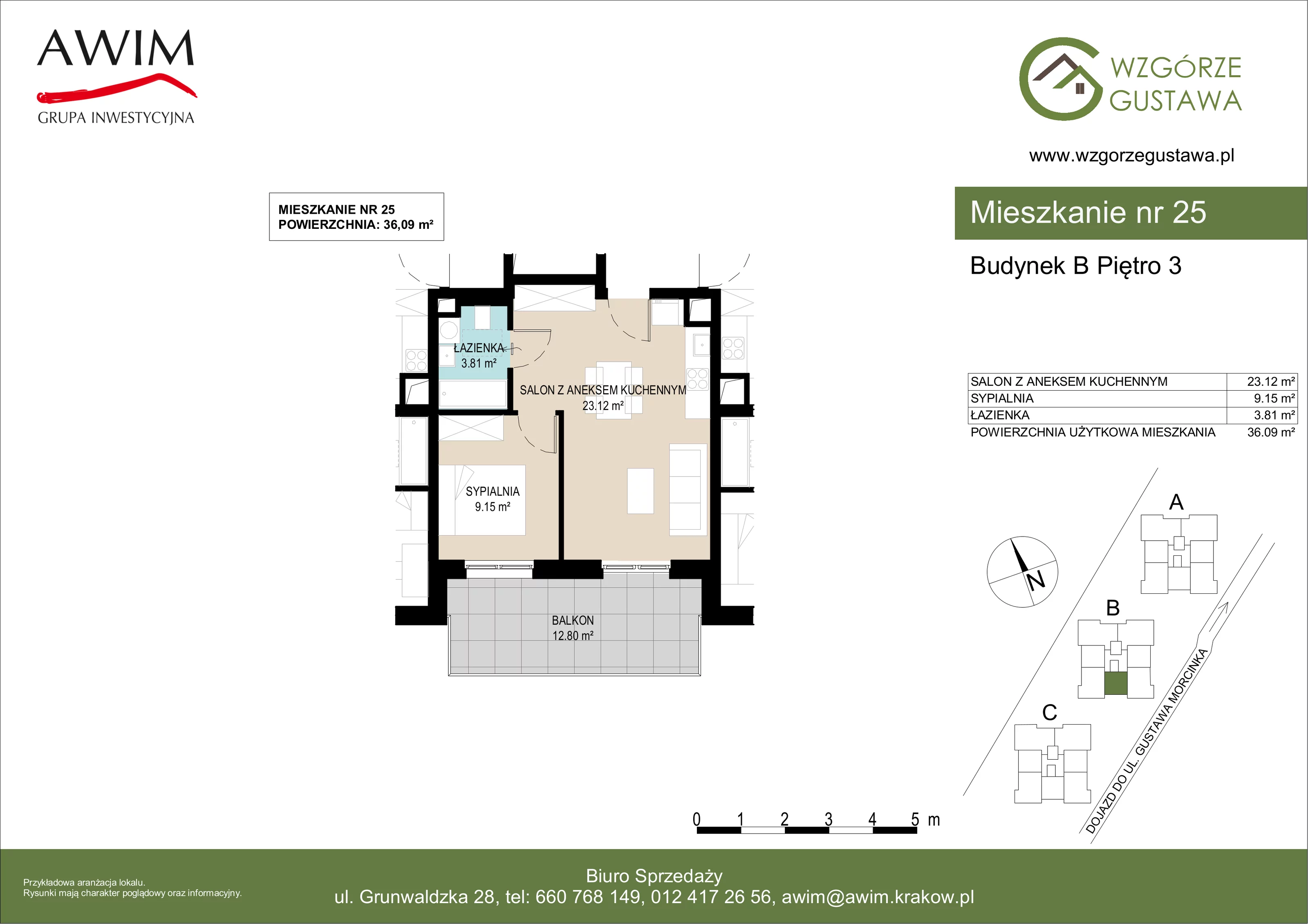 2 pokoje, mieszkanie 36,09 m², piętro 3, oferta nr B25, Wzgórze Gustawa, Kraków, Wzgórza Krzesławickie, Zesławice, ul. Gustawa Morcinka