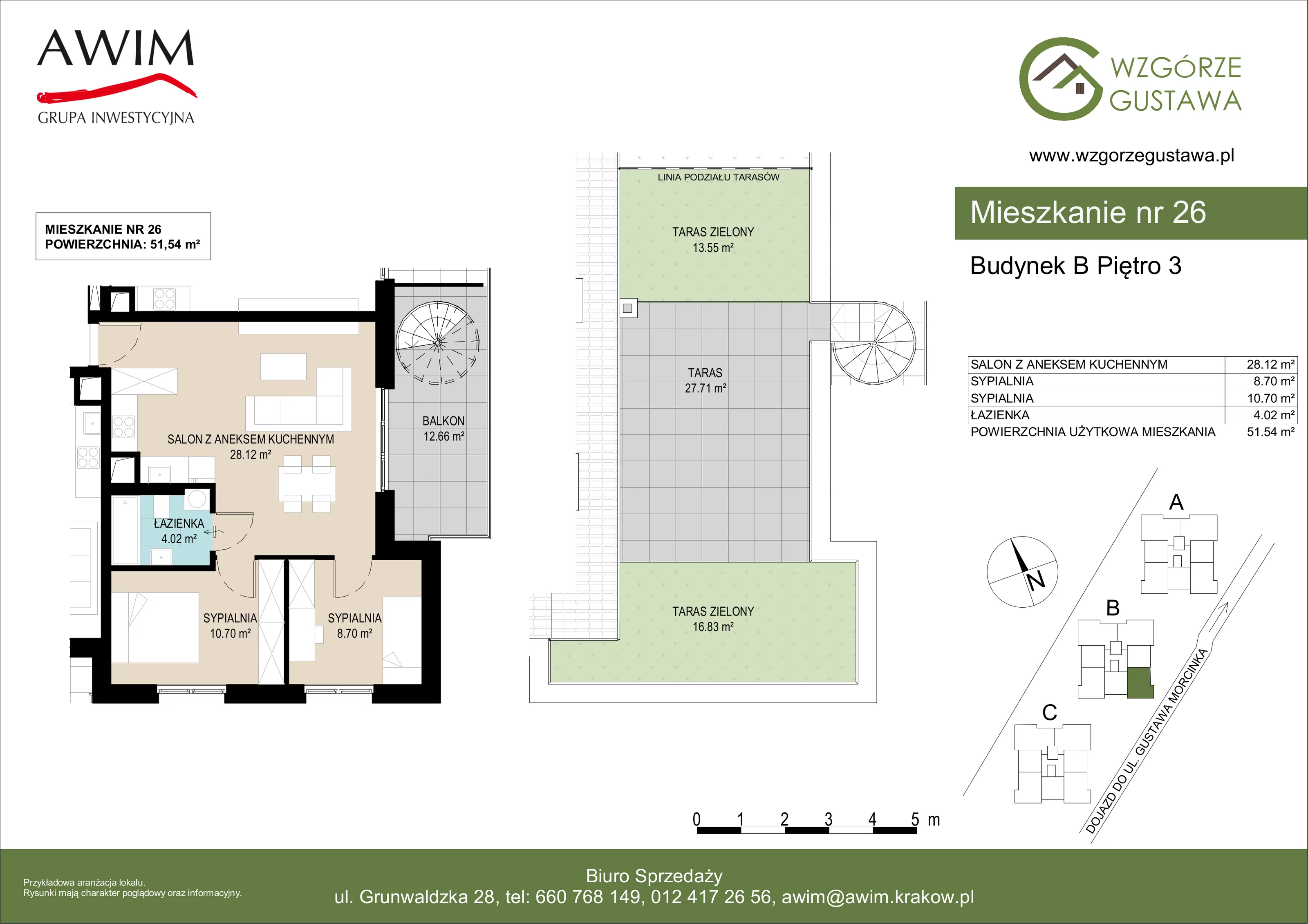 3 pokoje, mieszkanie 51,54 m², piętro 3, oferta nr B26, Wzgórze Gustawa, Kraków, Wzgórza Krzesławickie, Zesławice, ul. Gustawa Morcinka