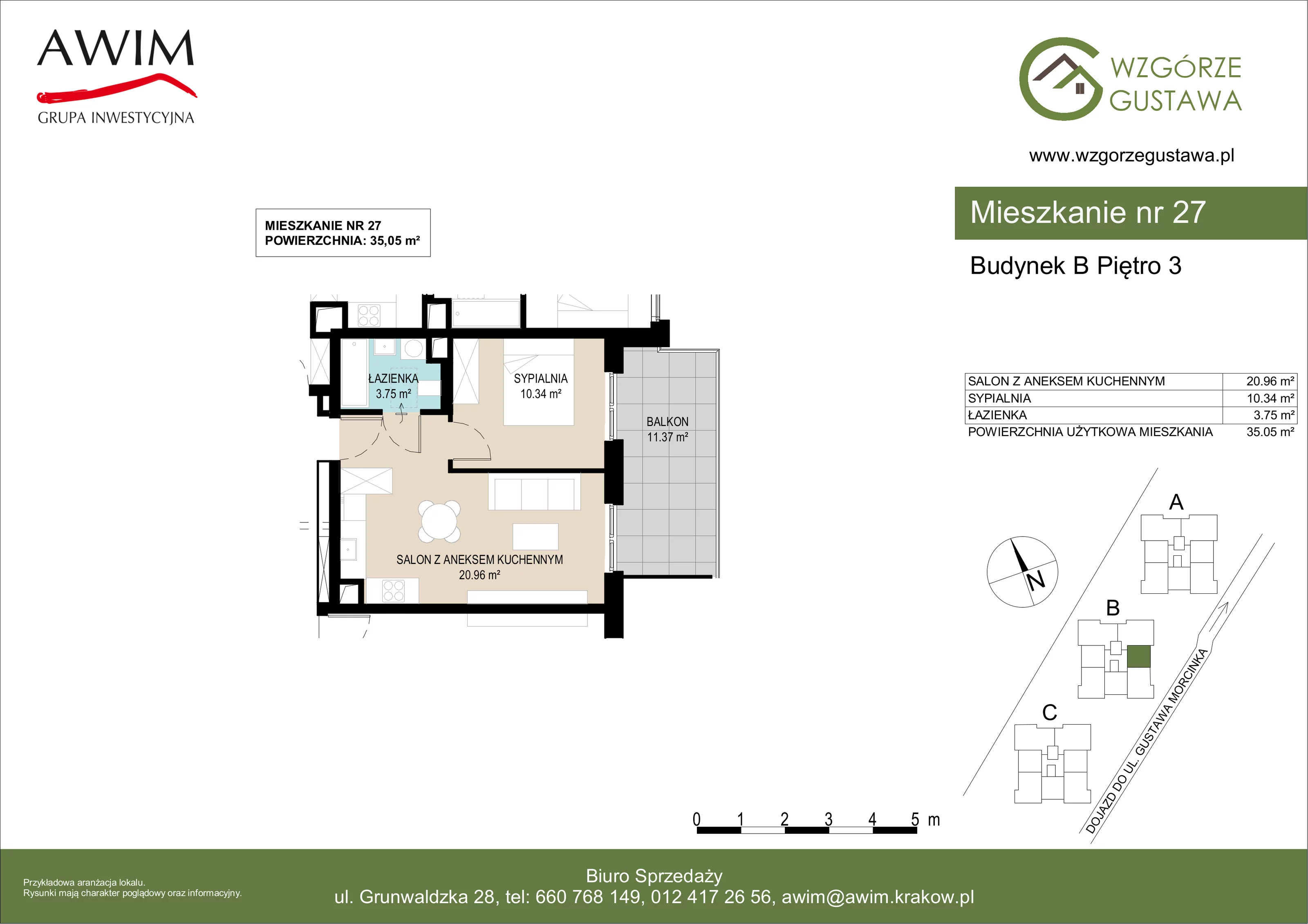 2 pokoje, mieszkanie 35,05 m², piętro 3, oferta nr B27, Wzgórze Gustawa, Kraków, Wzgórza Krzesławickie, Zesławice, ul. Gustawa Morcinka