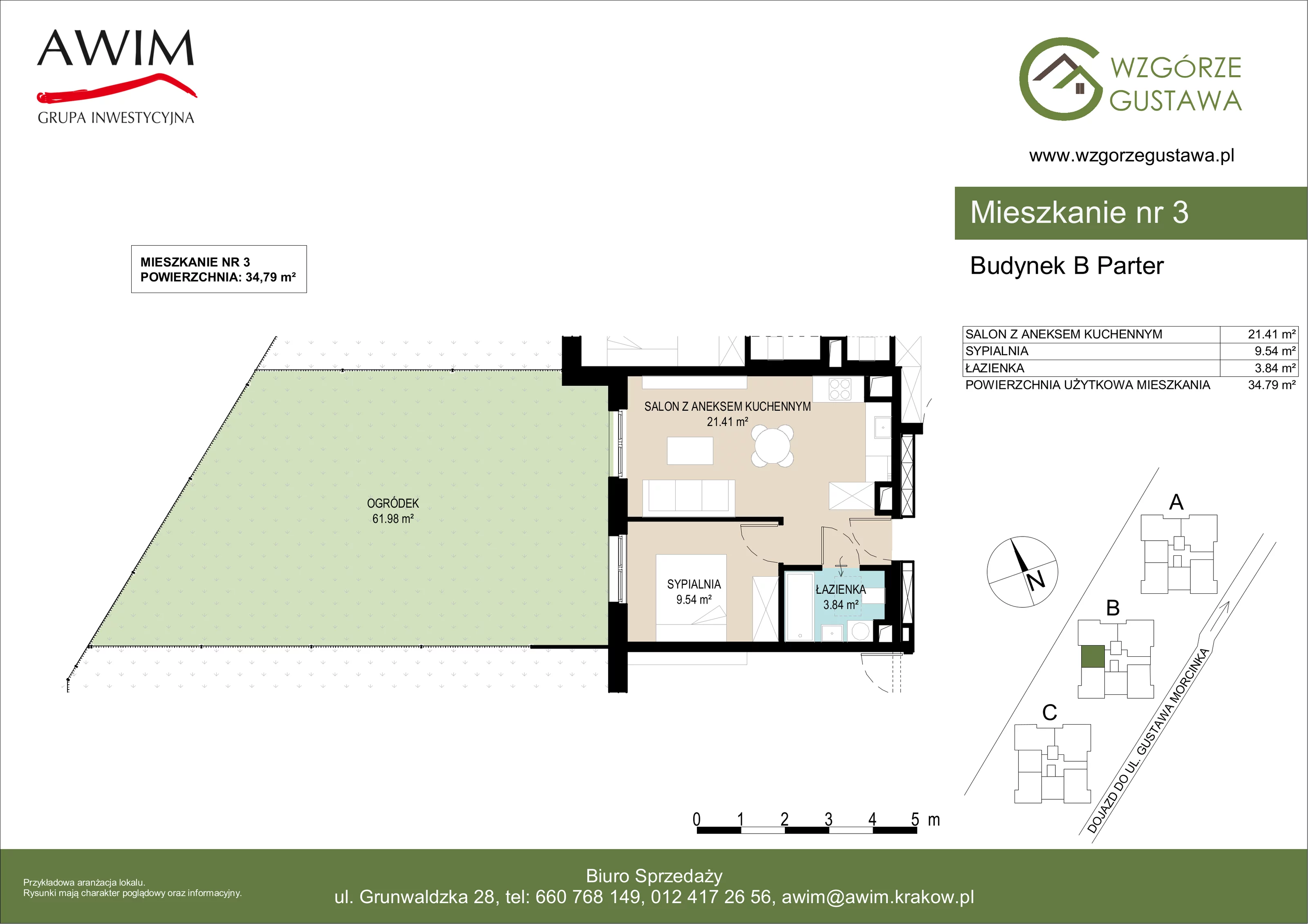 2 pokoje, mieszkanie 34,79 m², parter, oferta nr B3, Wzgórze Gustawa, Kraków, Wzgórza Krzesławickie, Zesławice, ul. Gustawa Morcinka