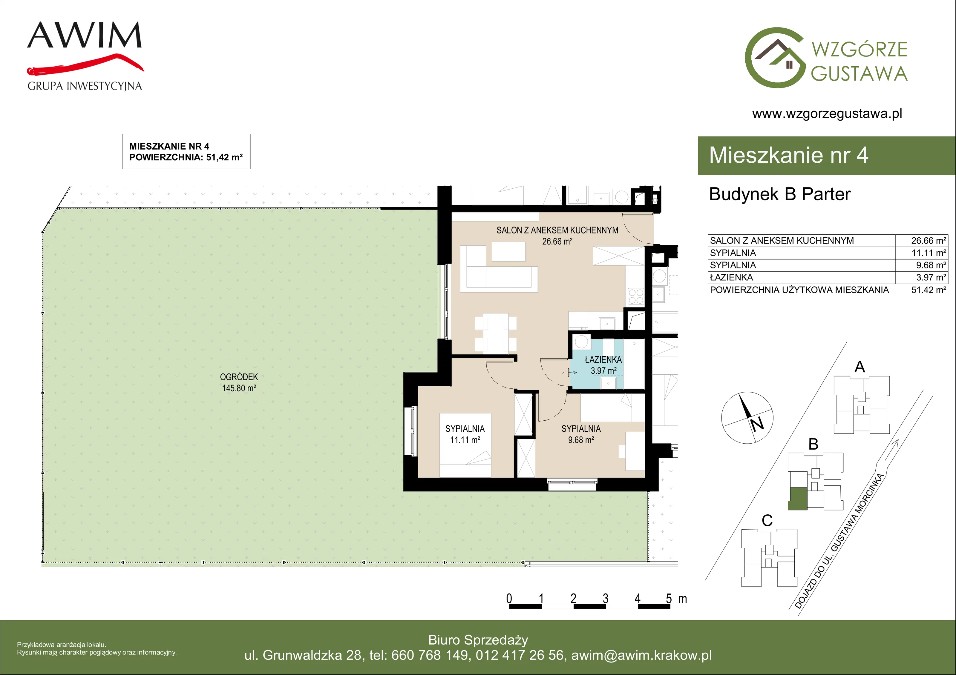 3 pokoje, mieszkanie 51,42 m², parter, oferta nr B4, Wzgórze Gustawa, Kraków, Wzgórza Krzesławickie, Zesławice, ul. Gustawa Morcinka