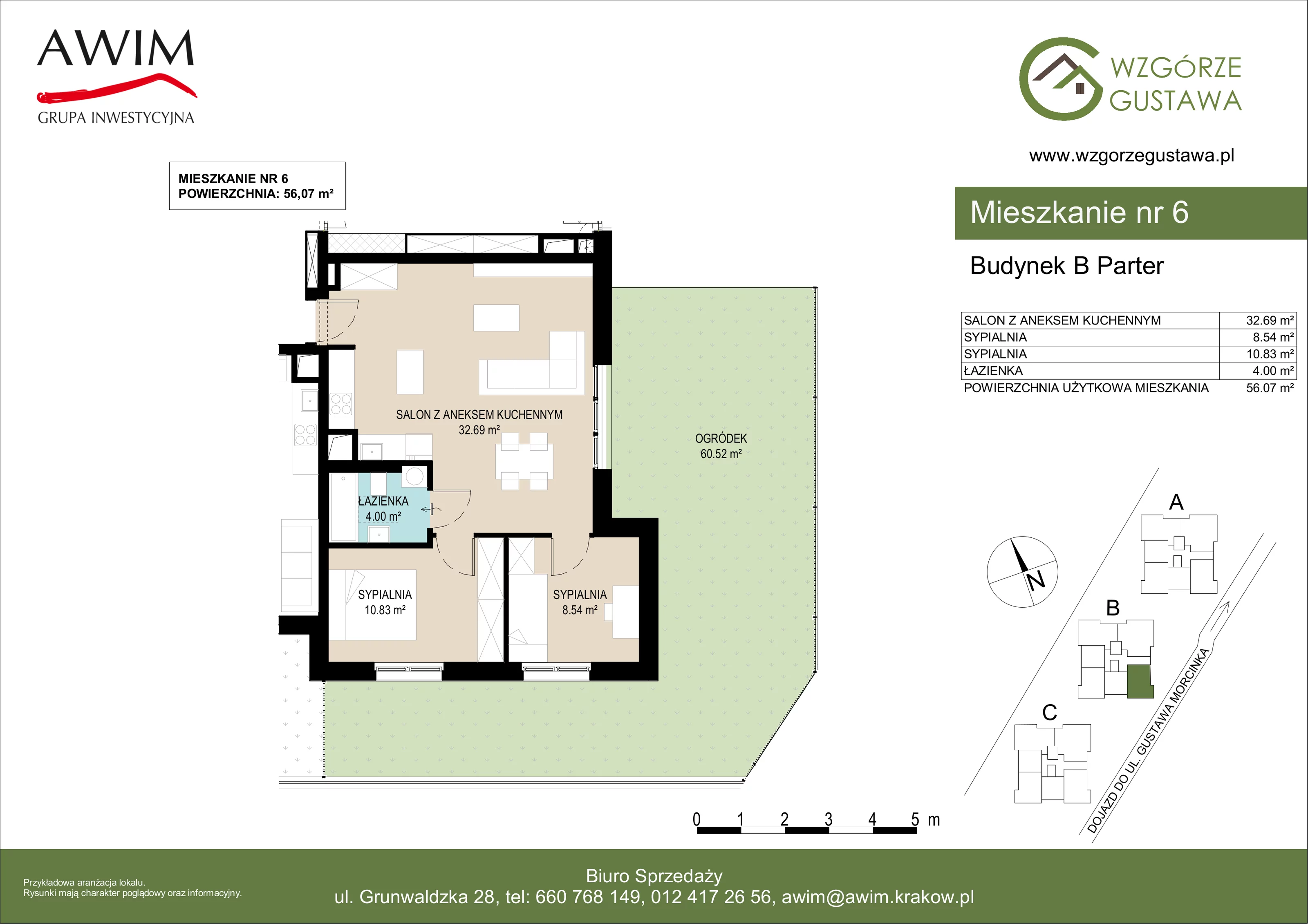 3 pokoje, mieszkanie 56,09 m², parter, oferta nr B6, Wzgórze Gustawa, Kraków, Wzgórza Krzesławickie, Zesławice, ul. Gustawa Morcinka