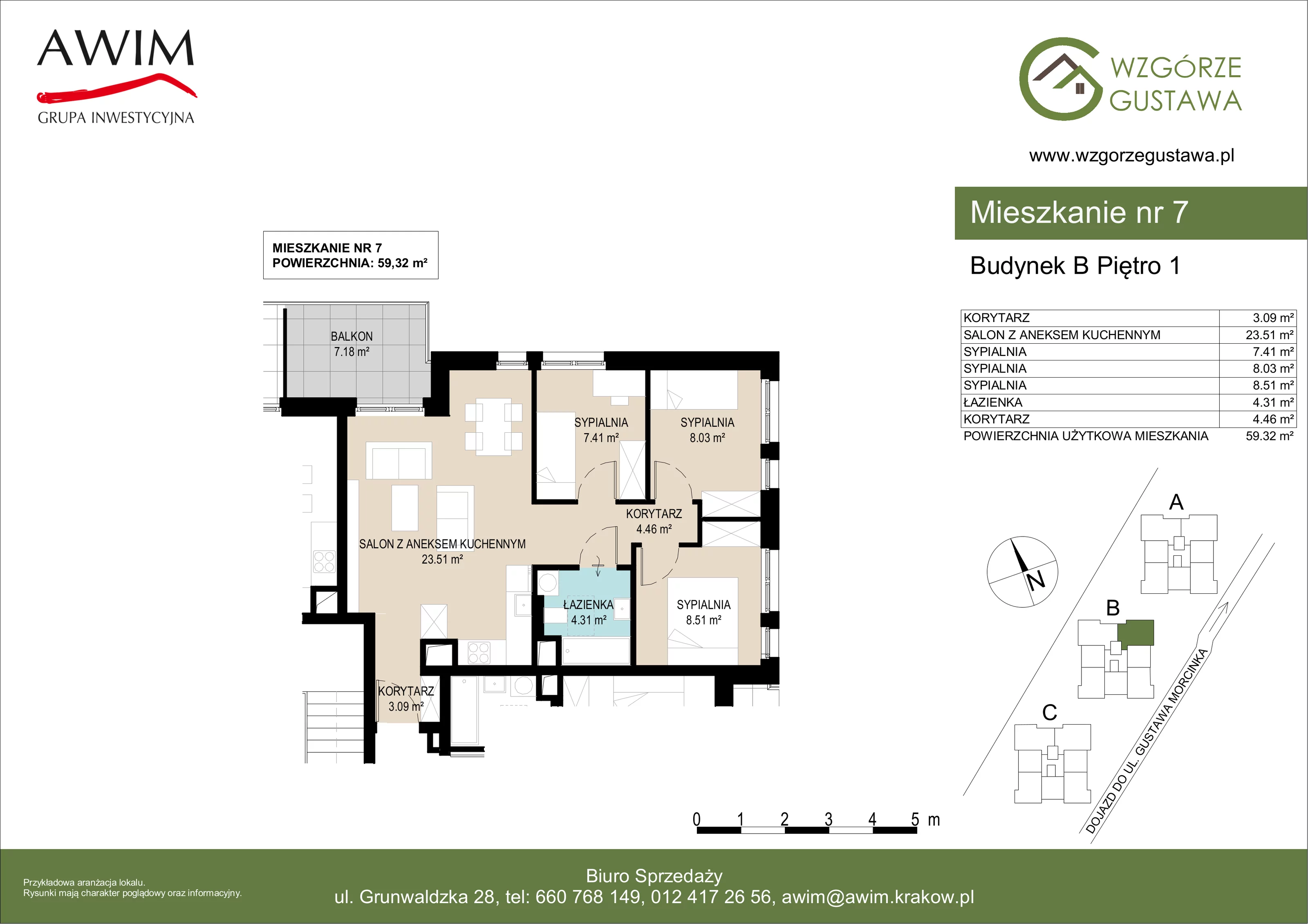 4 pokoje, mieszkanie 59,31 m², piętro 1, oferta nr B7, Wzgórze Gustawa, Kraków, Wzgórza Krzesławickie, Zesławice, ul. Gustawa Morcinka