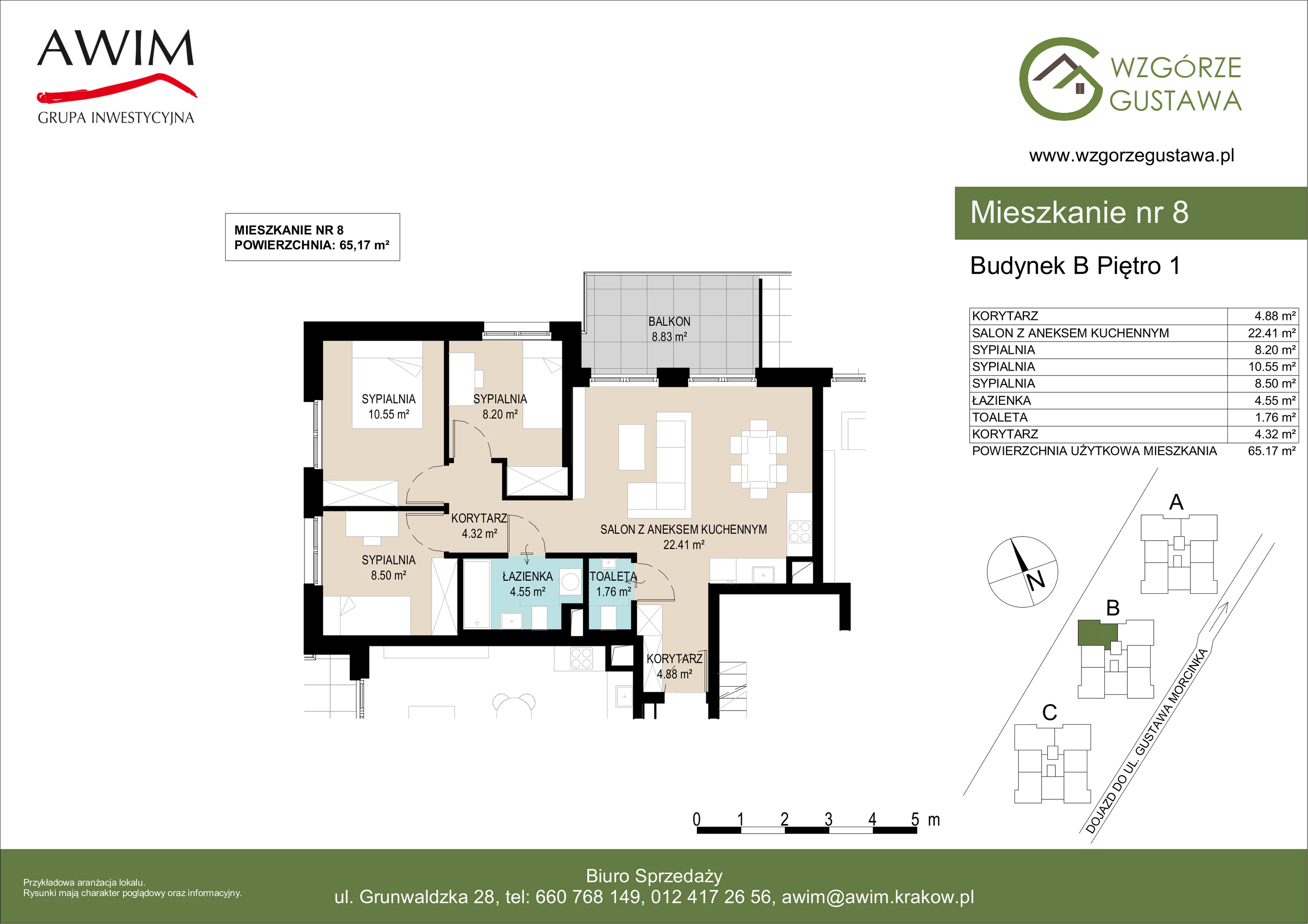 4 pokoje, mieszkanie 65,16 m², piętro 1, oferta nr B8, Wzgórze Gustawa, Kraków, Wzgórza Krzesławickie, Zesławice, ul. Gustawa Morcinka
