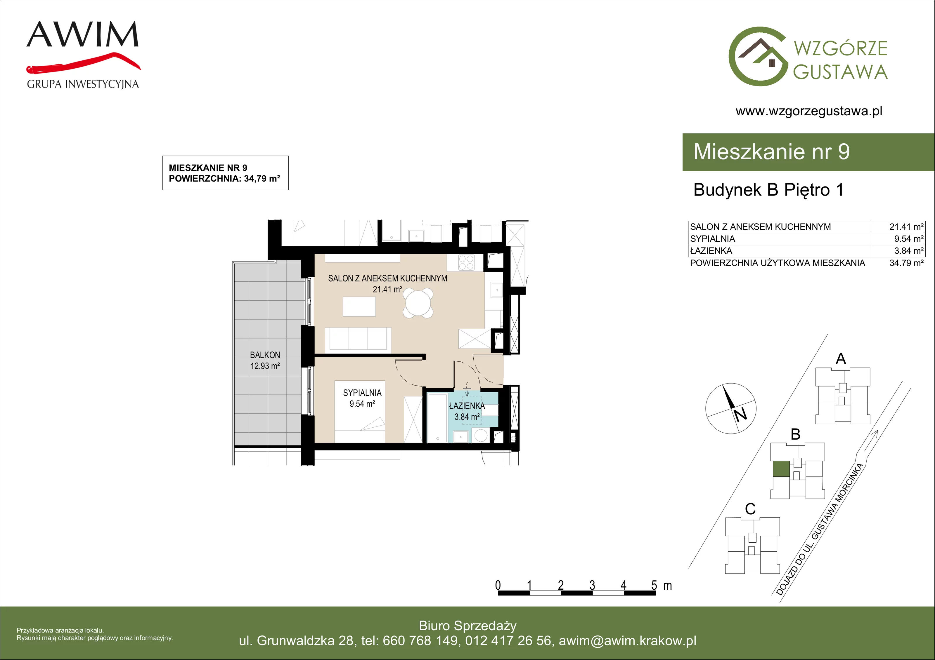 2 pokoje, mieszkanie 34,79 m², piętro 1, oferta nr B9, Wzgórze Gustawa, Kraków, Wzgórza Krzesławickie, Zesławice, ul. Gustawa Morcinka