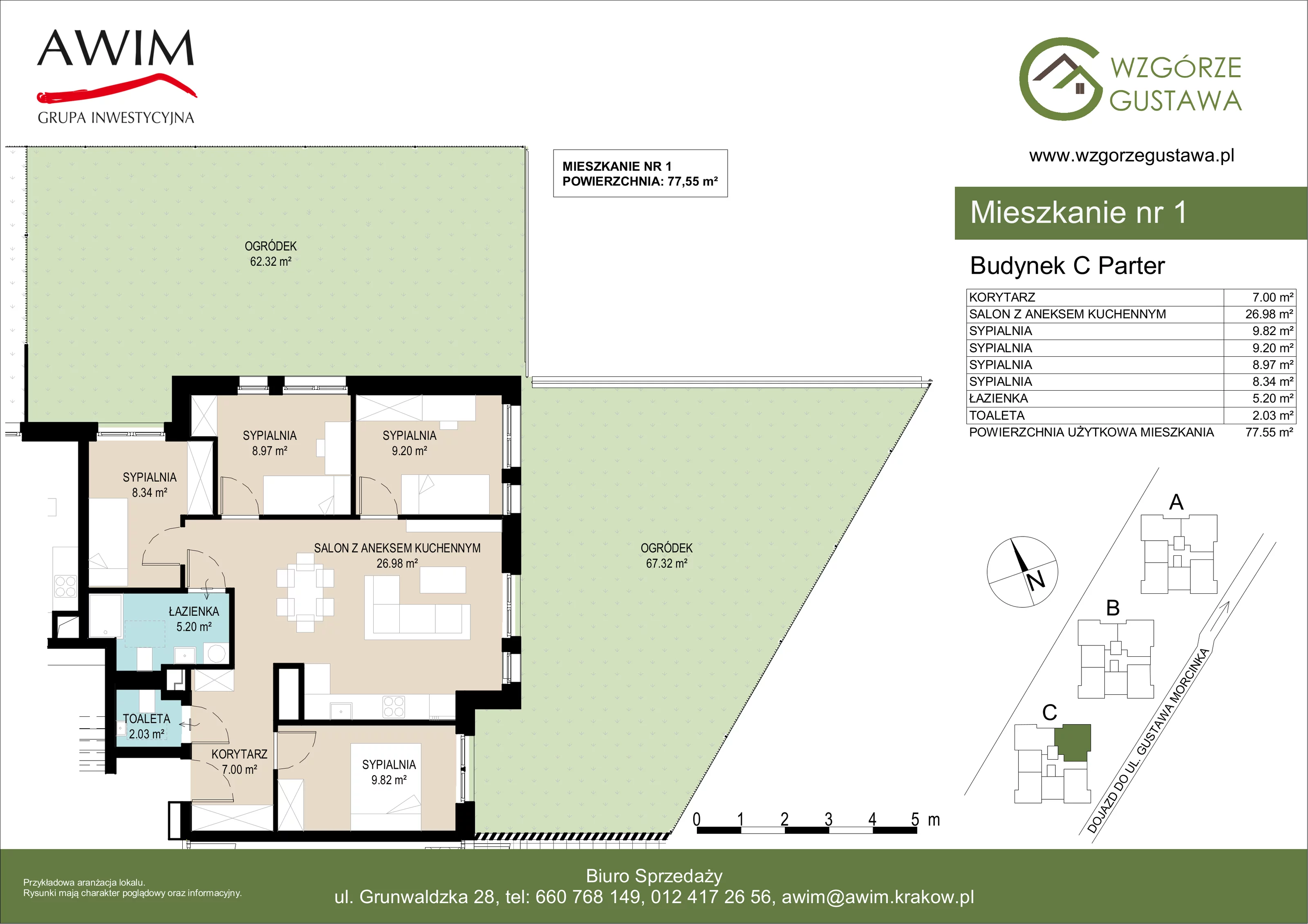 5 pokoi, mieszkanie 77,54 m², parter, oferta nr C1, Wzgórze Gustawa, Kraków, Wzgórza Krzesławickie, Zesławice, ul. Gustawa Morcinka