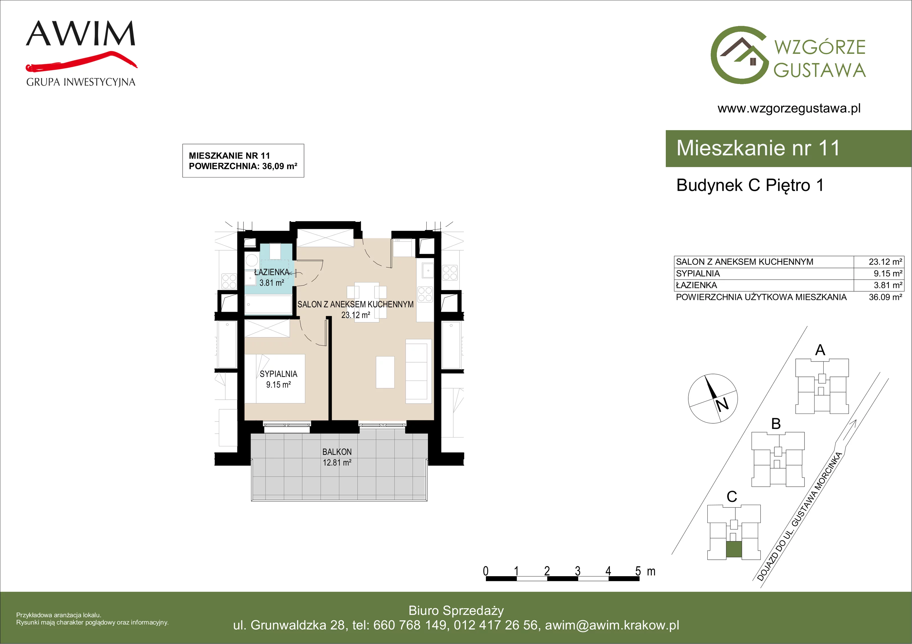 2 pokoje, mieszkanie 36,09 m², piętro 1, oferta nr C11, Wzgórze Gustawa, Kraków, Wzgórza Krzesławickie, Zesławice, ul. Gustawa Morcinka