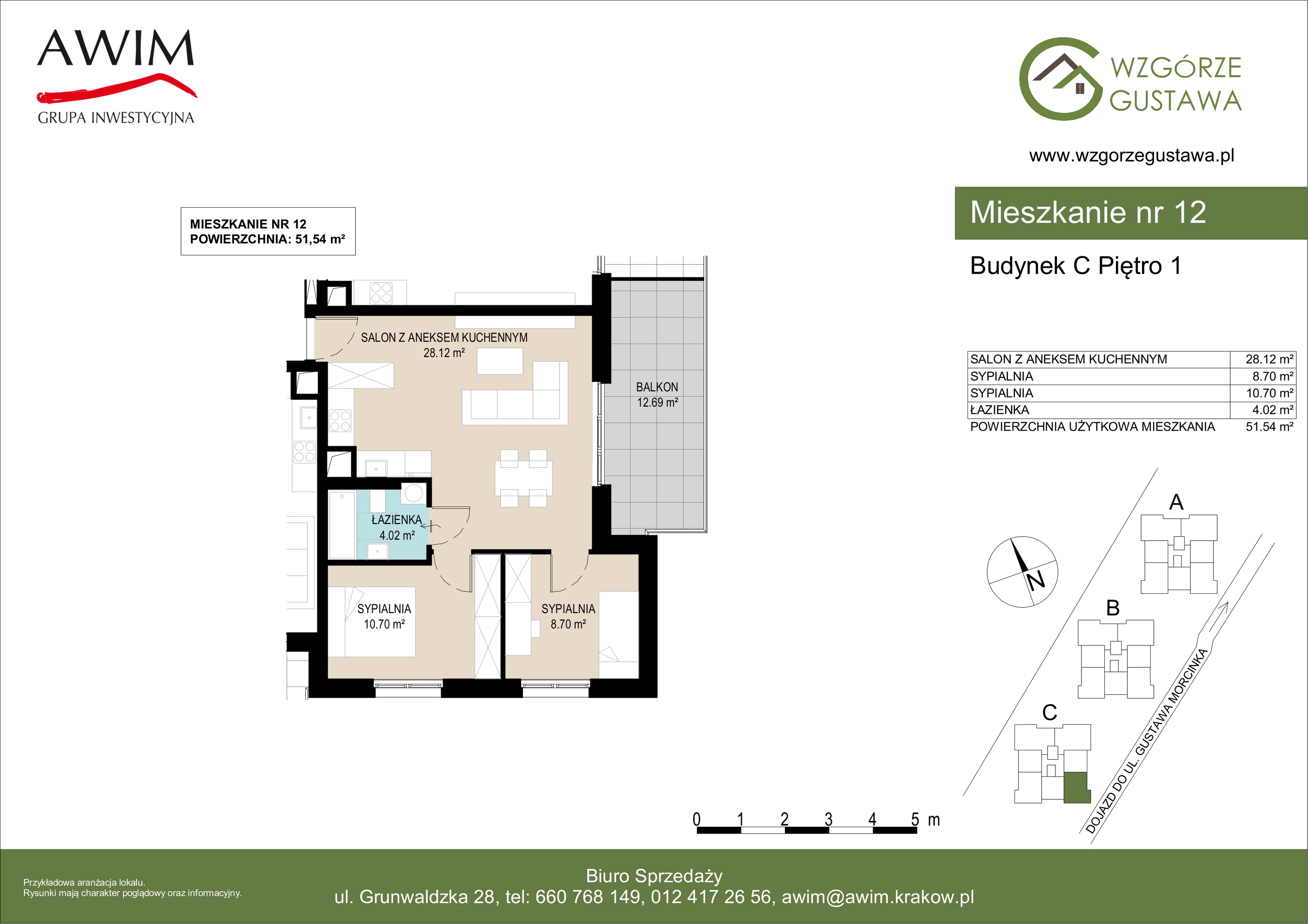 3 pokoje, mieszkanie 51,54 m², piętro 1, oferta nr C12, Wzgórze Gustawa, Kraków, Wzgórza Krzesławickie, Zesławice, ul. Gustawa Morcinka