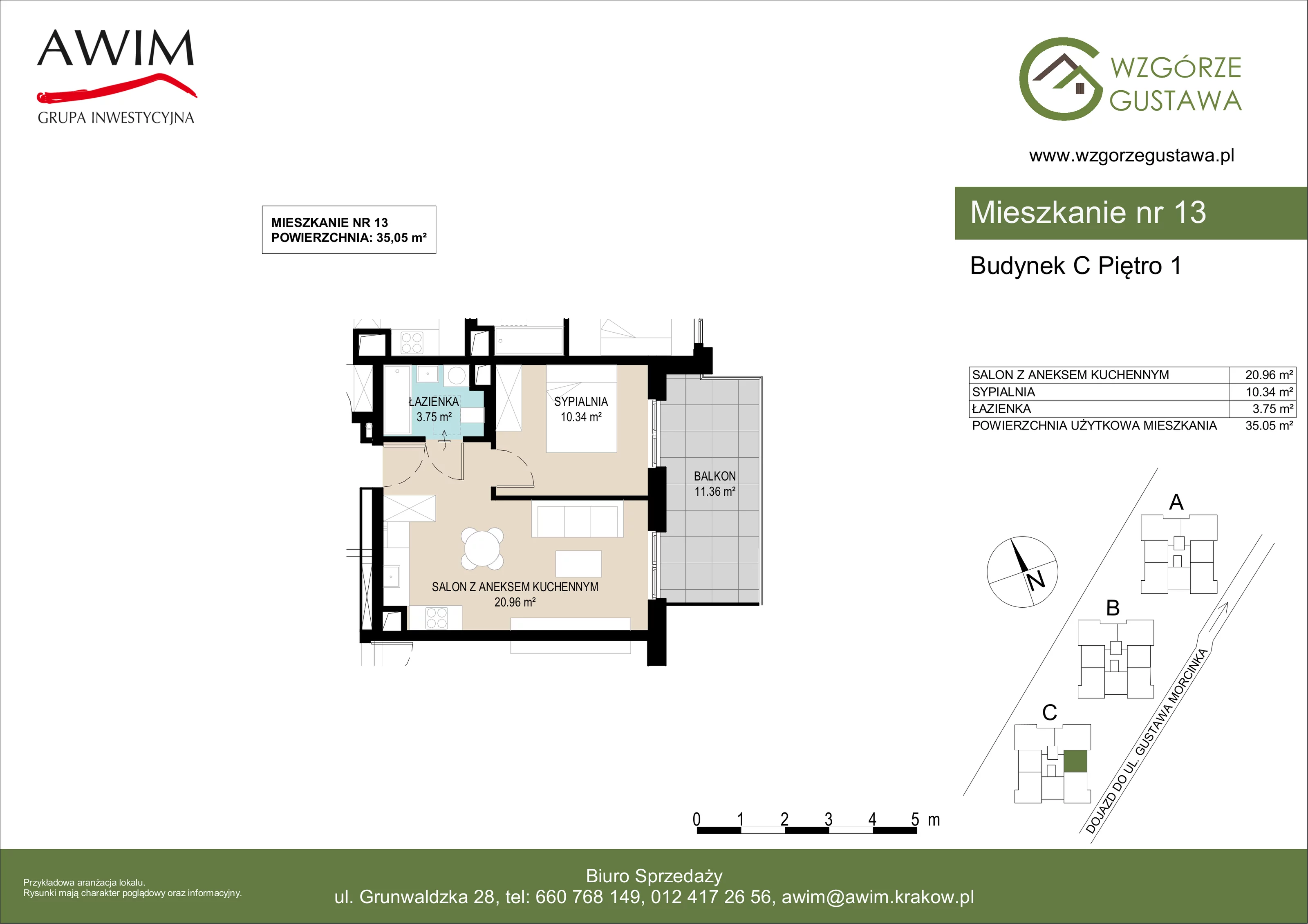 2 pokoje, mieszkanie 35,05 m², piętro 1, oferta nr C13, Wzgórze Gustawa, Kraków, Wzgórza Krzesławickie, Zesławice, ul. Gustawa Morcinka