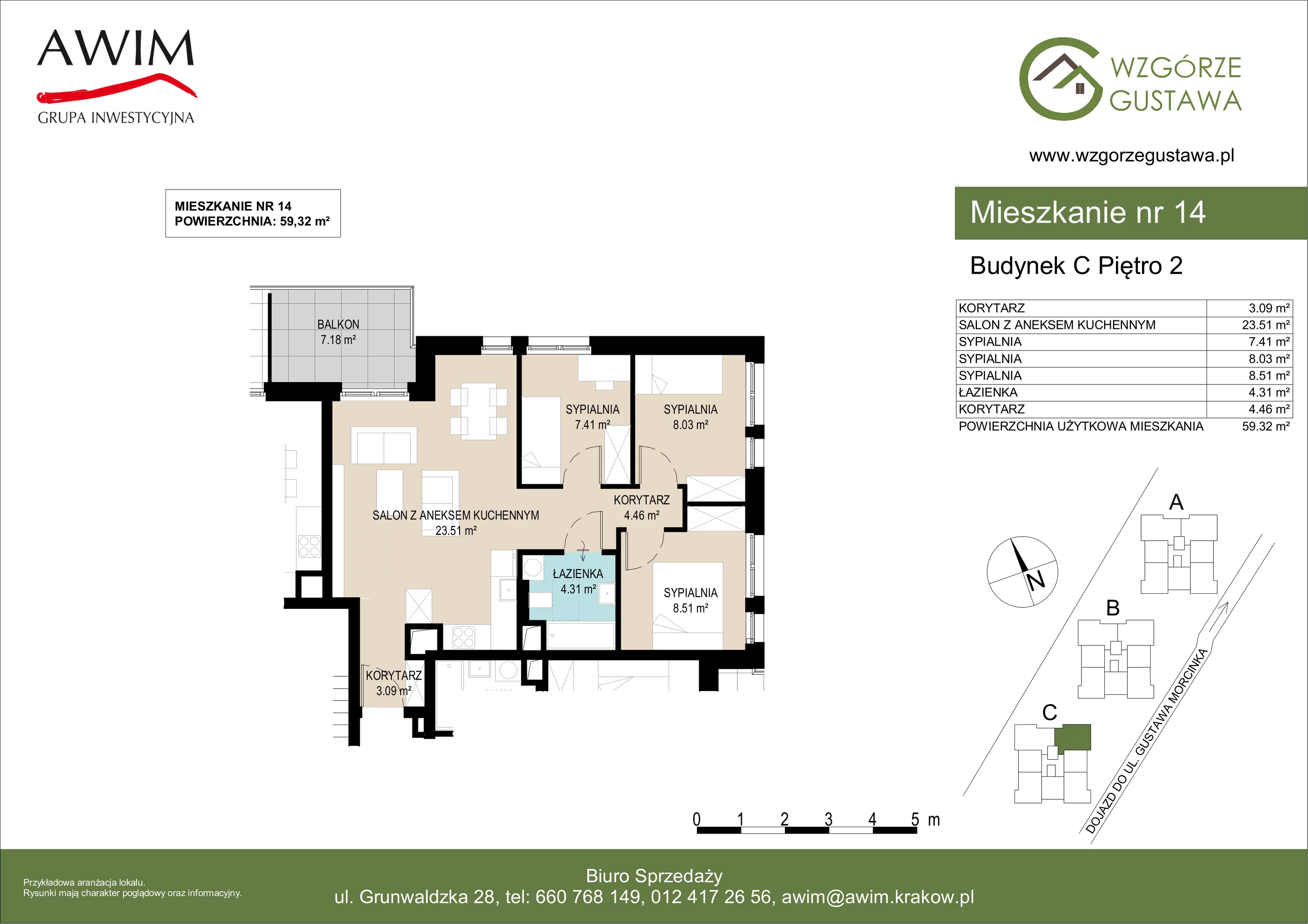 4 pokoje, mieszkanie 59,31 m², piętro 2, oferta nr C14, Wzgórze Gustawa, Kraków, Wzgórza Krzesławickie, Zesławice, ul. Gustawa Morcinka