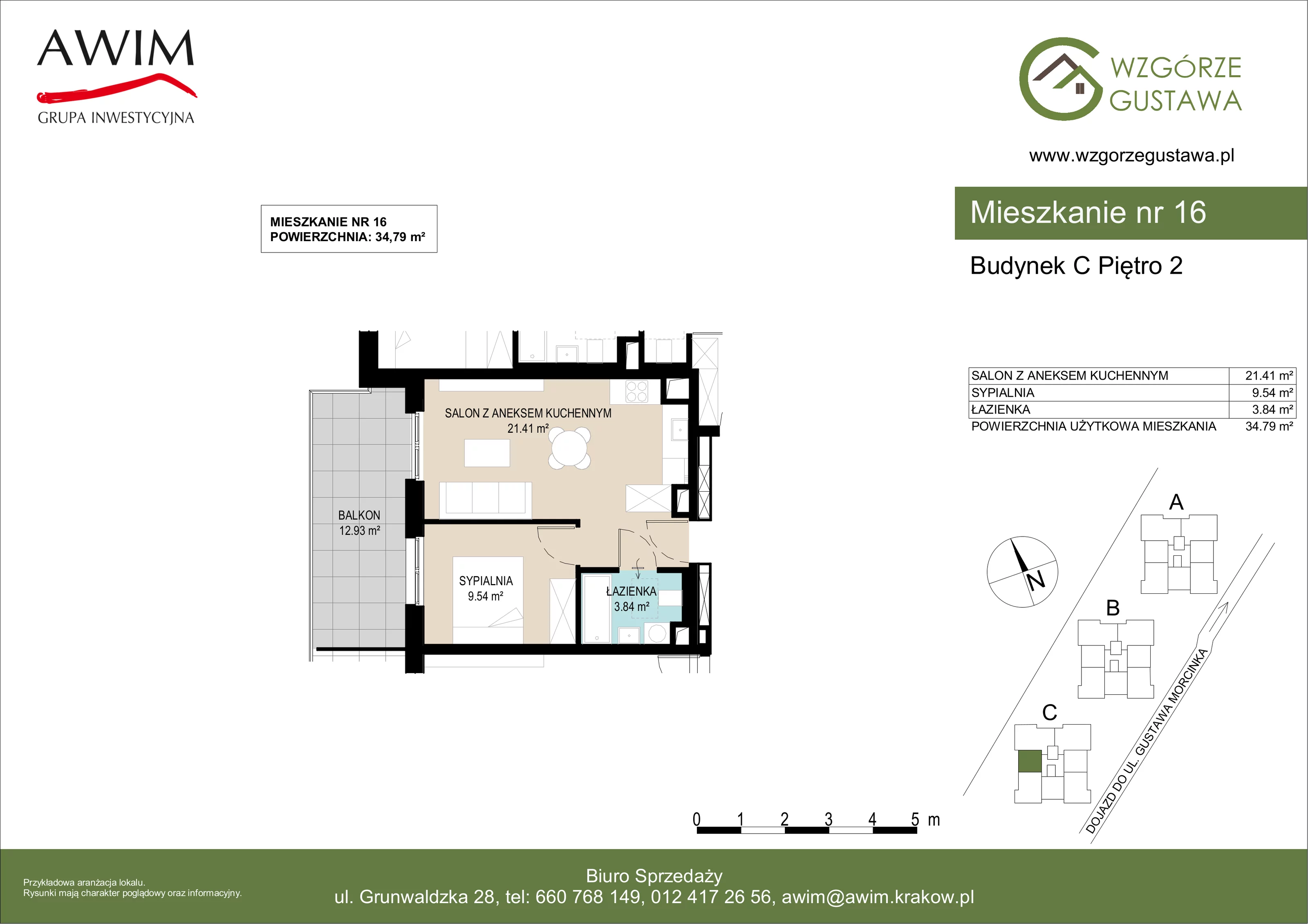 2 pokoje, mieszkanie 34,79 m², piętro 2, oferta nr C16, Wzgórze Gustawa, Kraków, Wzgórza Krzesławickie, Zesławice, ul. Gustawa Morcinka
