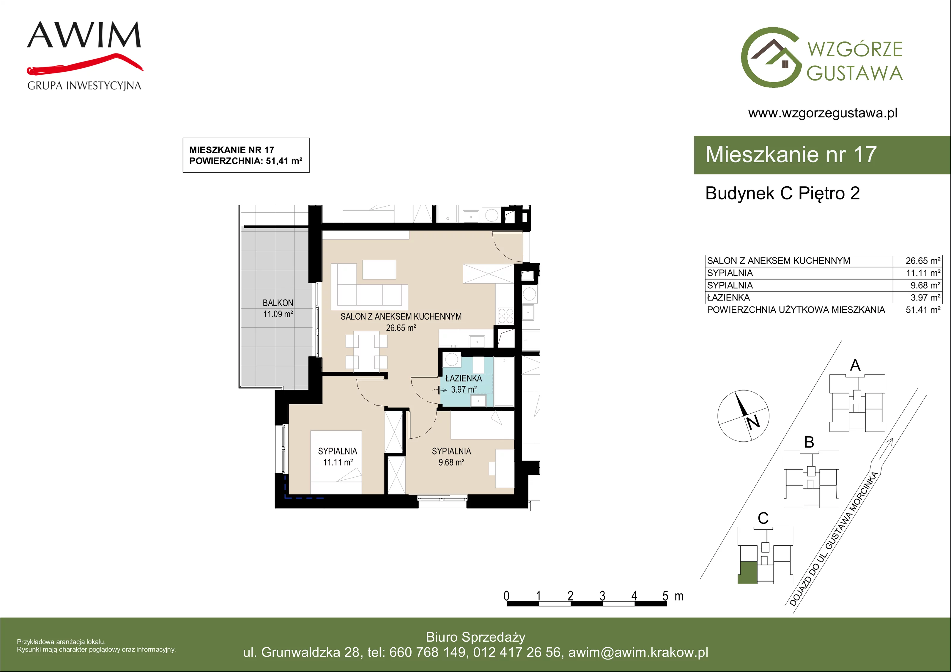 3 pokoje, mieszkanie 51,41 m², piętro 2, oferta nr C17, Wzgórze Gustawa, Kraków, Wzgórza Krzesławickie, Zesławice, ul. Gustawa Morcinka