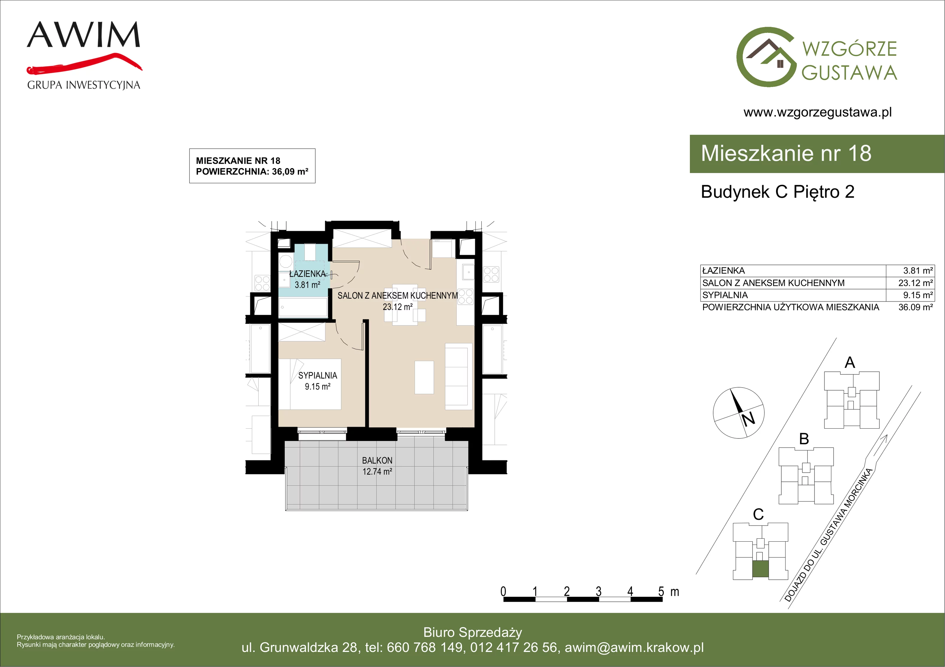2 pokoje, mieszkanie 36,09 m², piętro 2, oferta nr C18, Wzgórze Gustawa, Kraków, Wzgórza Krzesławickie, Zesławice, ul. Gustawa Morcinka