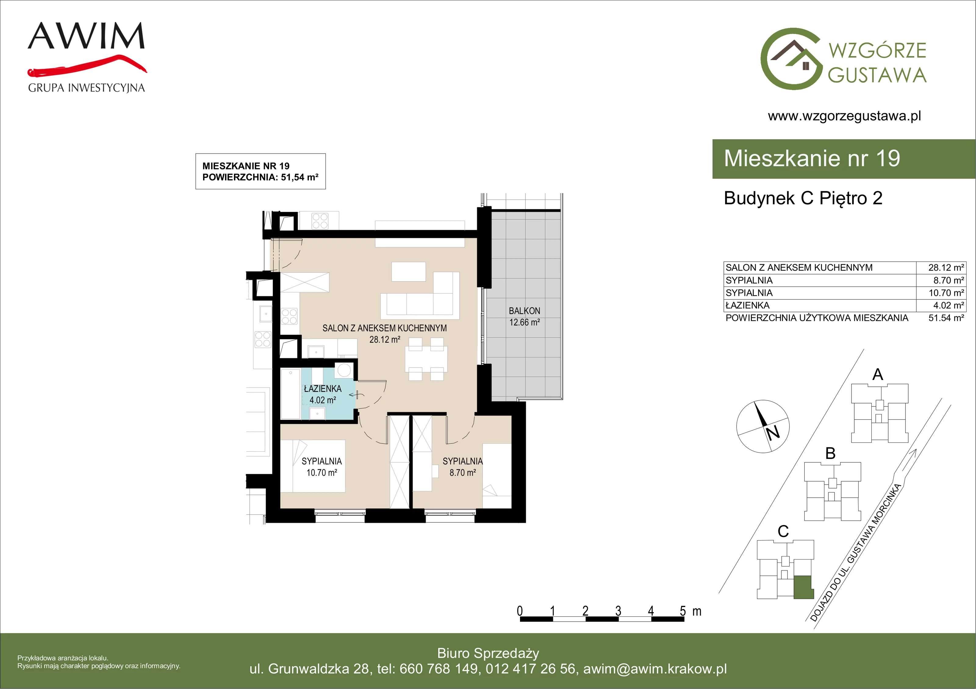 3 pokoje, mieszkanie 51,54 m², piętro 2, oferta nr C19, Wzgórze Gustawa, Kraków, Wzgórza Krzesławickie, Zesławice, ul. Gustawa Morcinka