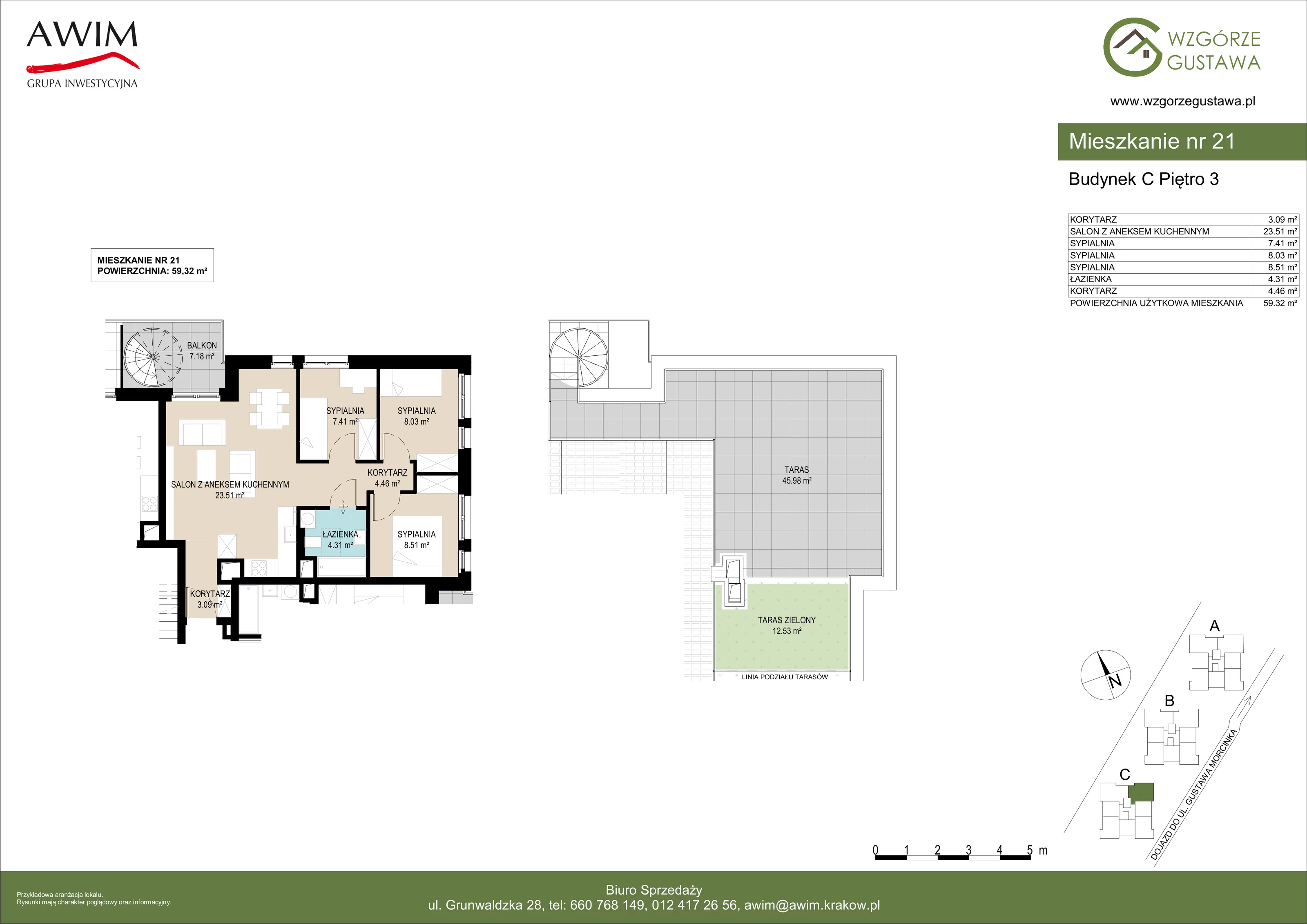 4 pokoje, mieszkanie 59,31 m², piętro 3, oferta nr C21, Wzgórze Gustawa, Kraków, Wzgórza Krzesławickie, Zesławice, ul. Gustawa Morcinka