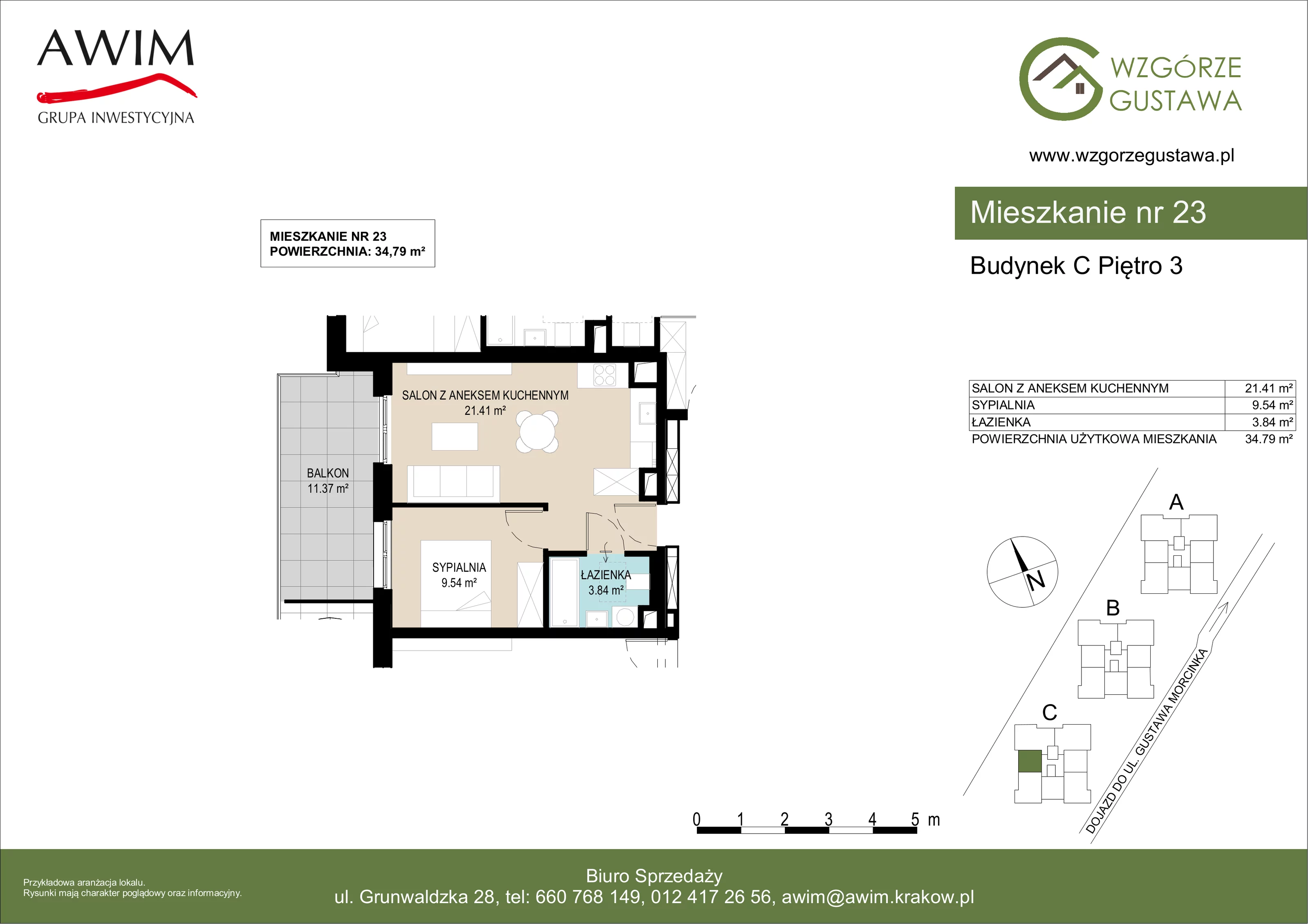 2 pokoje, mieszkanie 34,79 m², piętro 3, oferta nr C23, Wzgórze Gustawa, Kraków, Wzgórza Krzesławickie, Zesławice, ul. Gustawa Morcinka