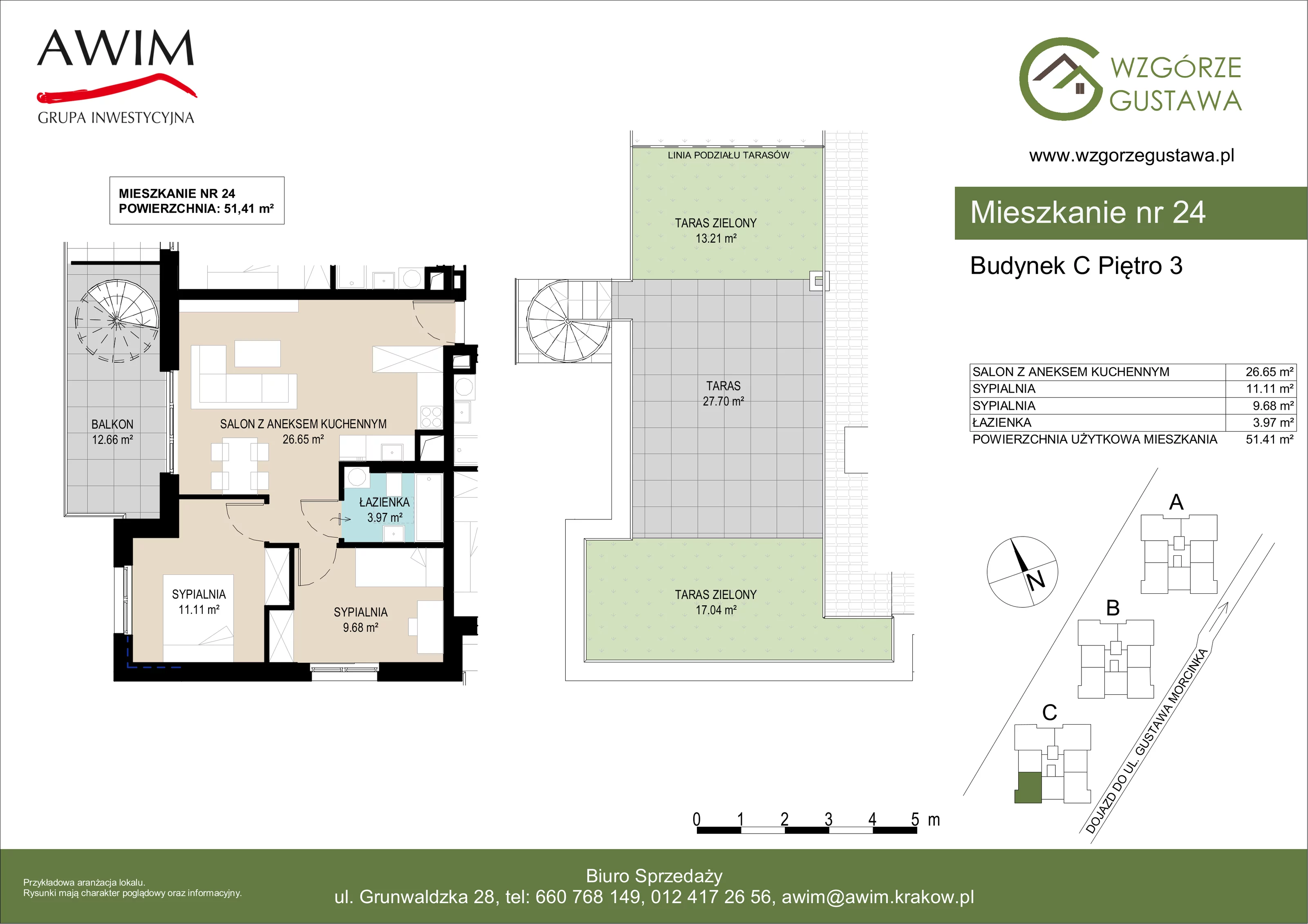 3 pokoje, mieszkanie 51,41 m², piętro 3, oferta nr C24, Wzgórze Gustawa, Kraków, Wzgórza Krzesławickie, Zesławice, ul. Gustawa Morcinka