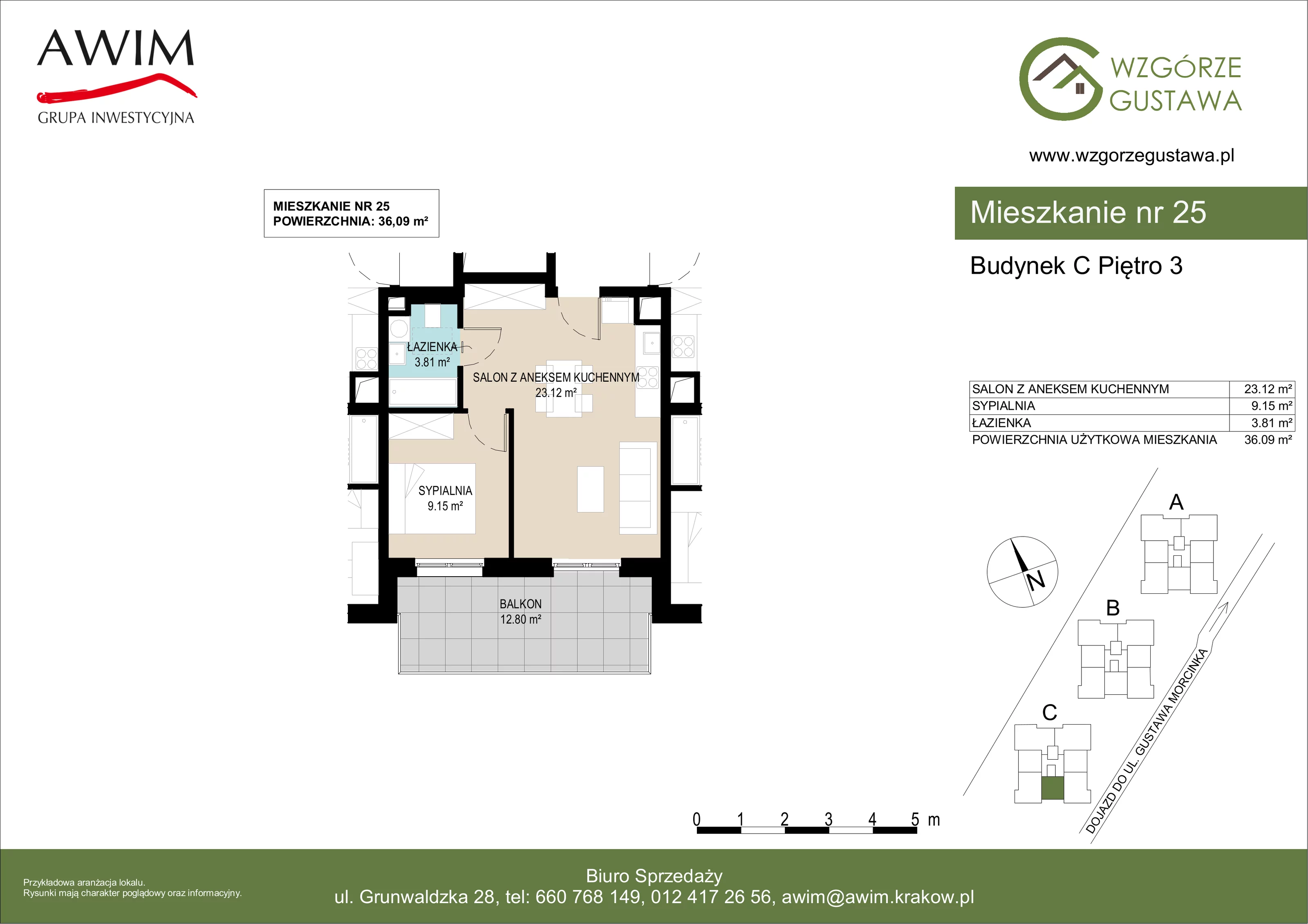2 pokoje, mieszkanie 36,09 m², piętro 3, oferta nr C25, Wzgórze Gustawa, Kraków, Wzgórza Krzesławickie, Zesławice, ul. Gustawa Morcinka