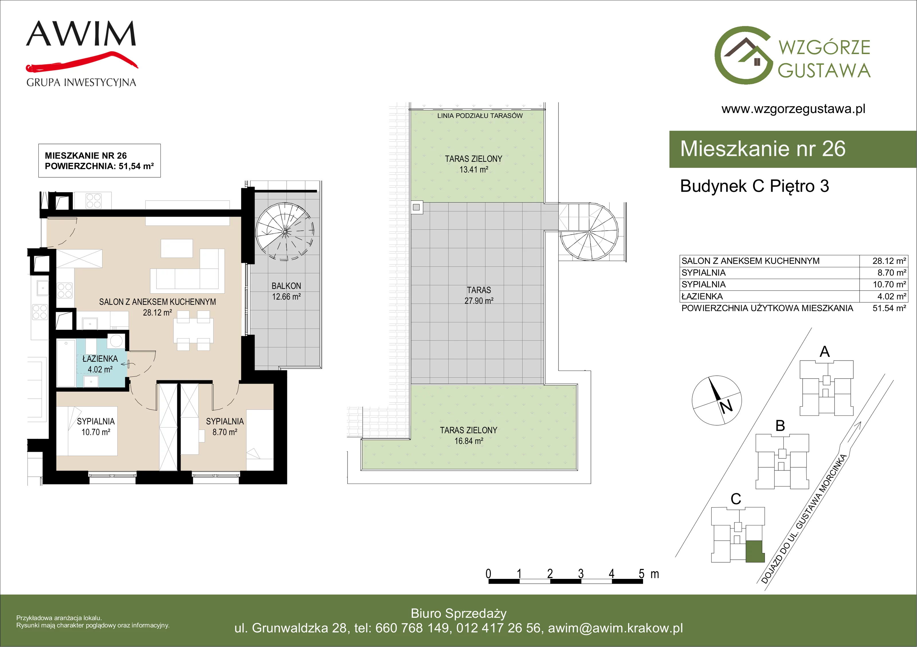 3 pokoje, mieszkanie 51,54 m², piętro 3, oferta nr C26, Wzgórze Gustawa, Kraków, Wzgórza Krzesławickie, Zesławice, ul. Gustawa Morcinka