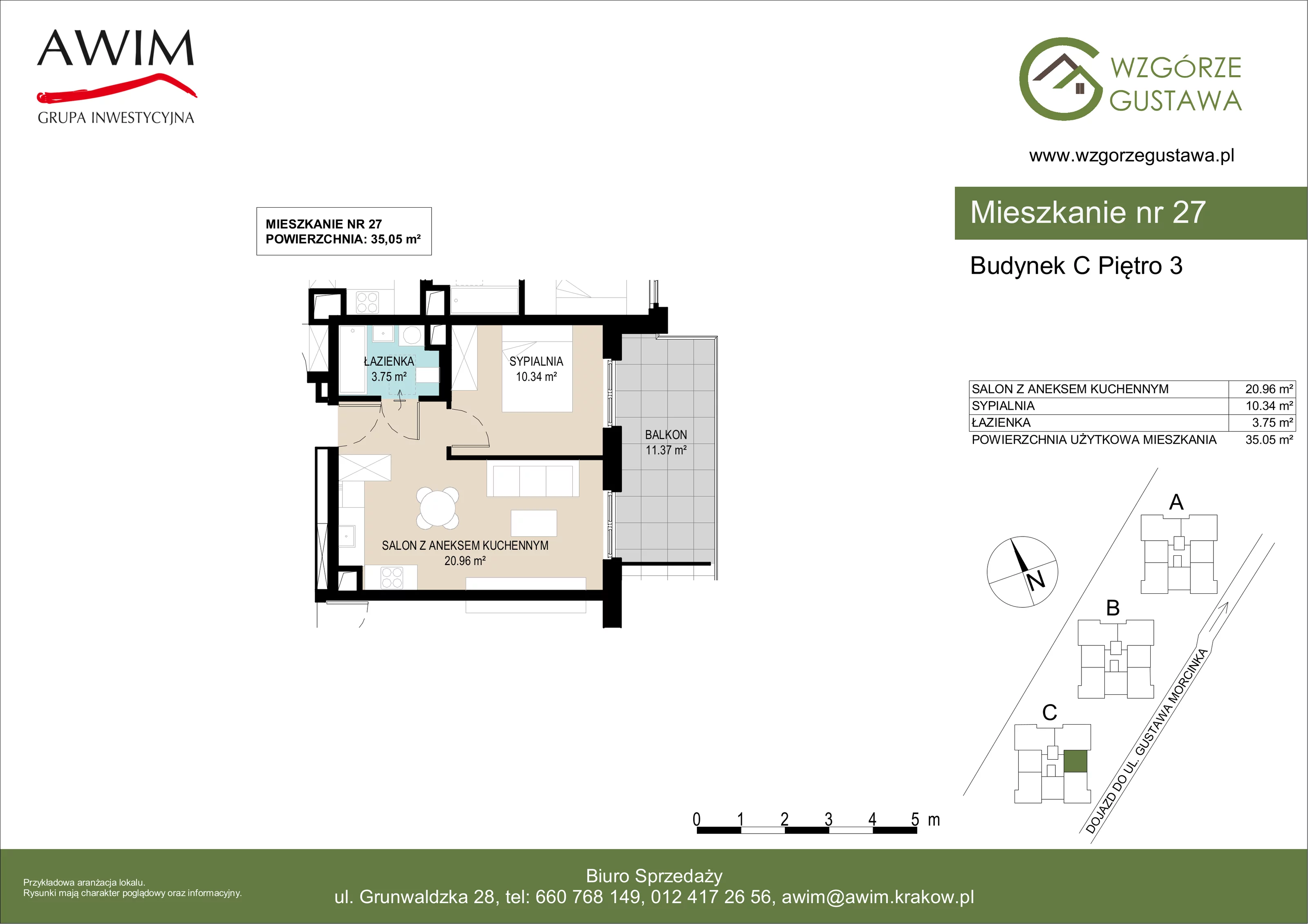 2 pokoje, mieszkanie 35,05 m², piętro 3, oferta nr C27, Wzgórze Gustawa, Kraków, Wzgórza Krzesławickie, Zesławice, ul. Gustawa Morcinka