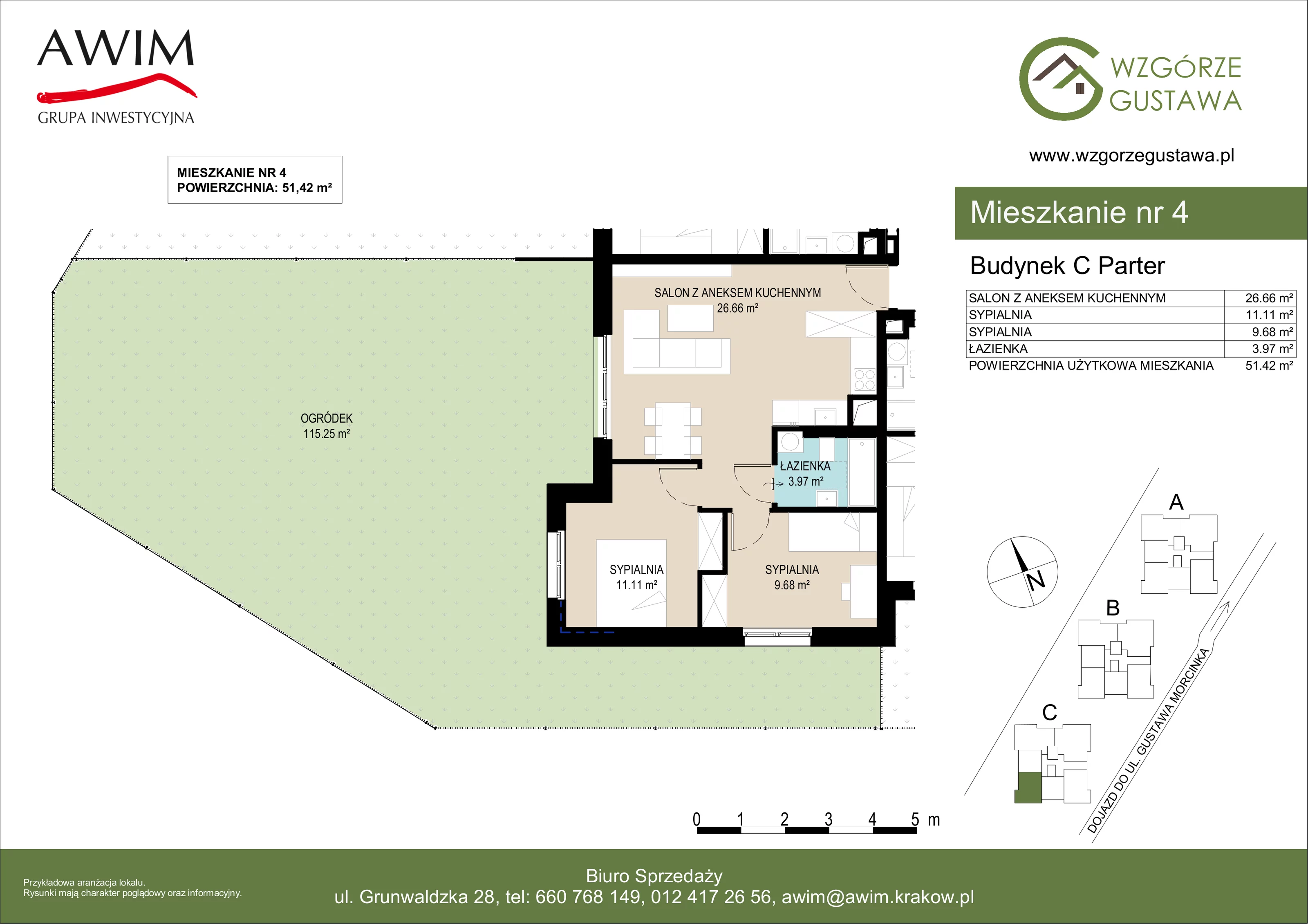 3 pokoje, mieszkanie 51,42 m², parter, oferta nr C4, Wzgórze Gustawa, Kraków, Wzgórza Krzesławickie, Zesławice, ul. Gustawa Morcinka