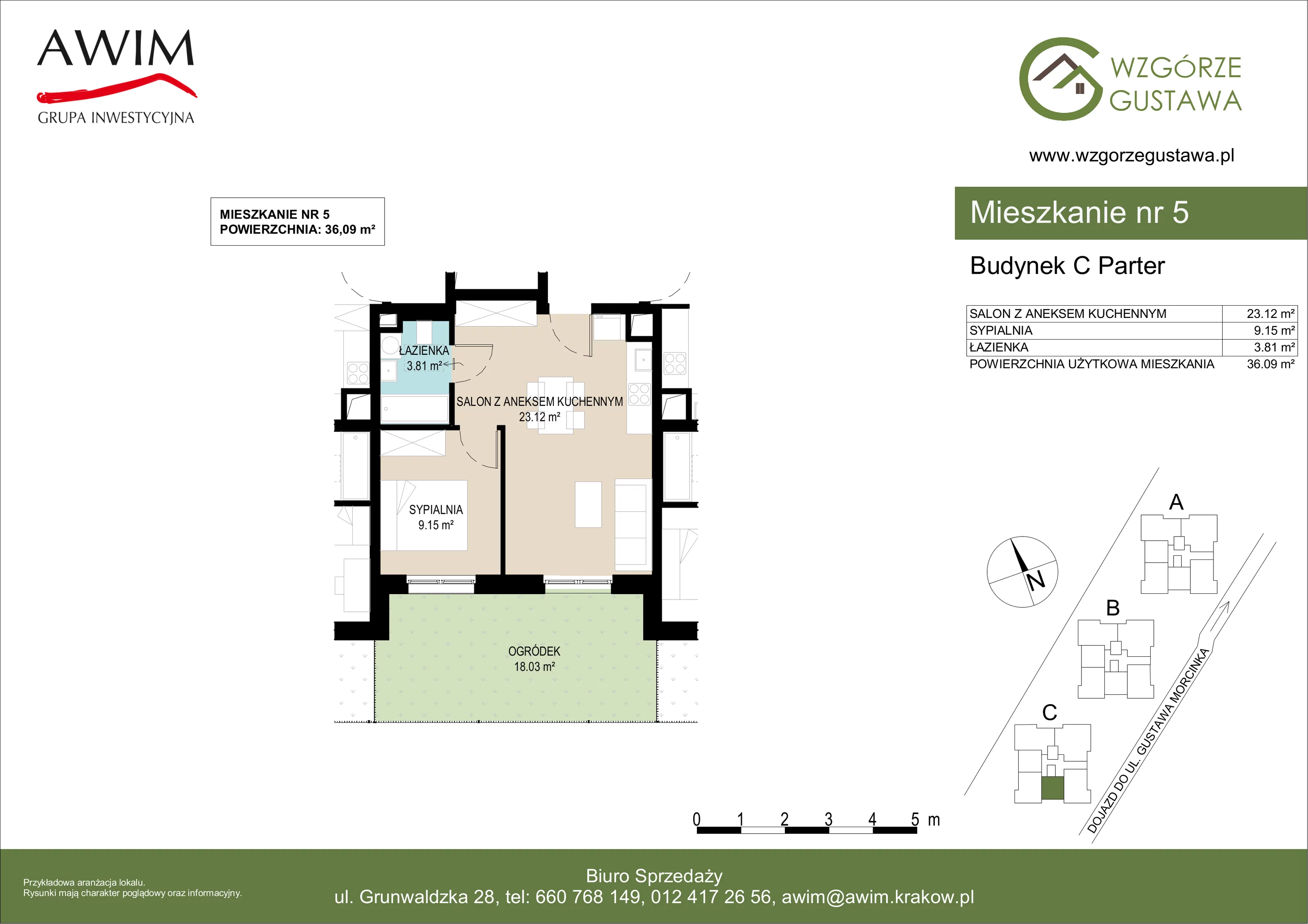 2 pokoje, mieszkanie 36,09 m², parter, oferta nr C5, Wzgórze Gustawa, Kraków, Wzgórza Krzesławickie, Zesławice, ul. Gustawa Morcinka