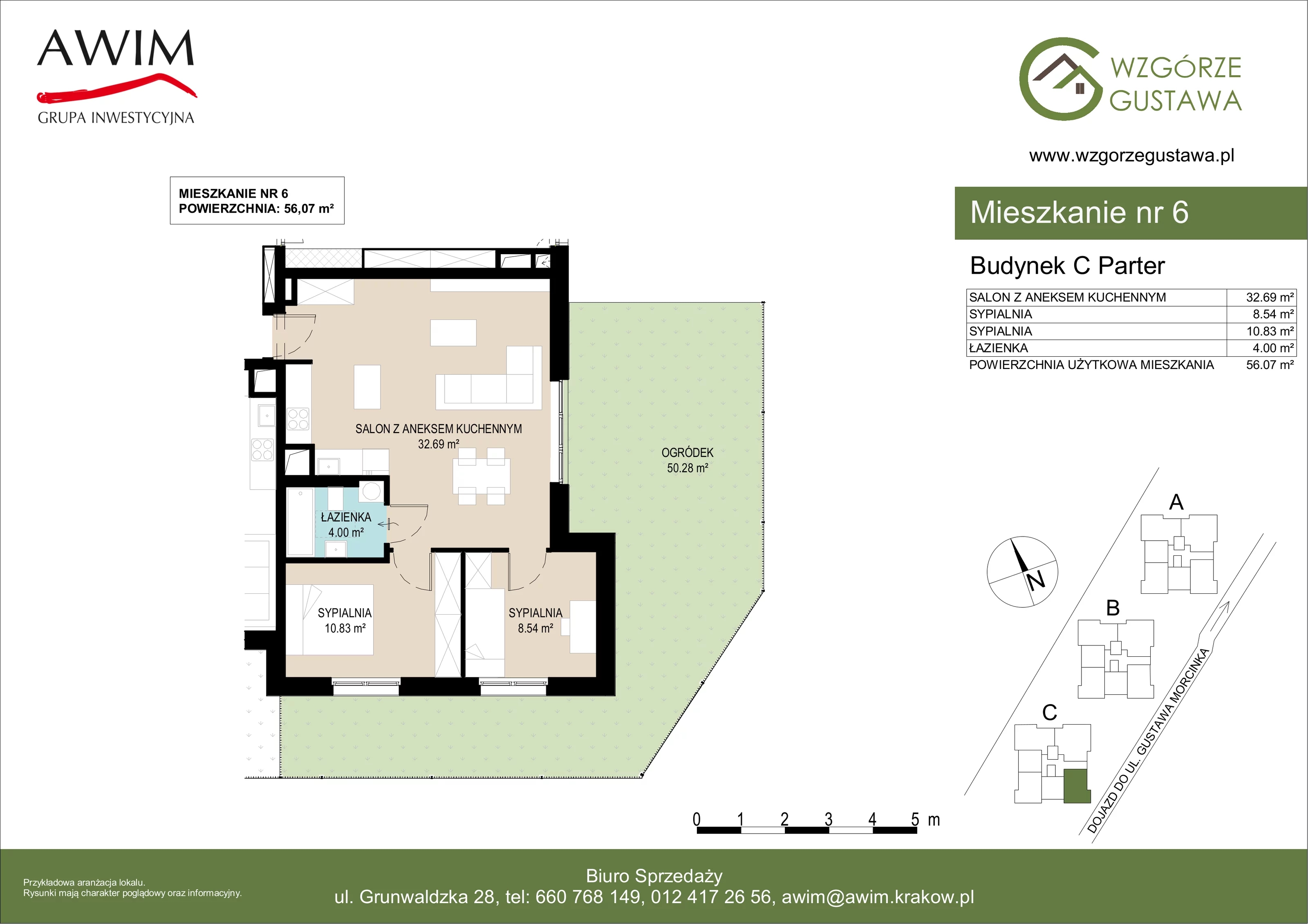 3 pokoje, mieszkanie 56,09 m², parter, oferta nr C6, Wzgórze Gustawa, Kraków, Wzgórza Krzesławickie, Zesławice, ul. Gustawa Morcinka