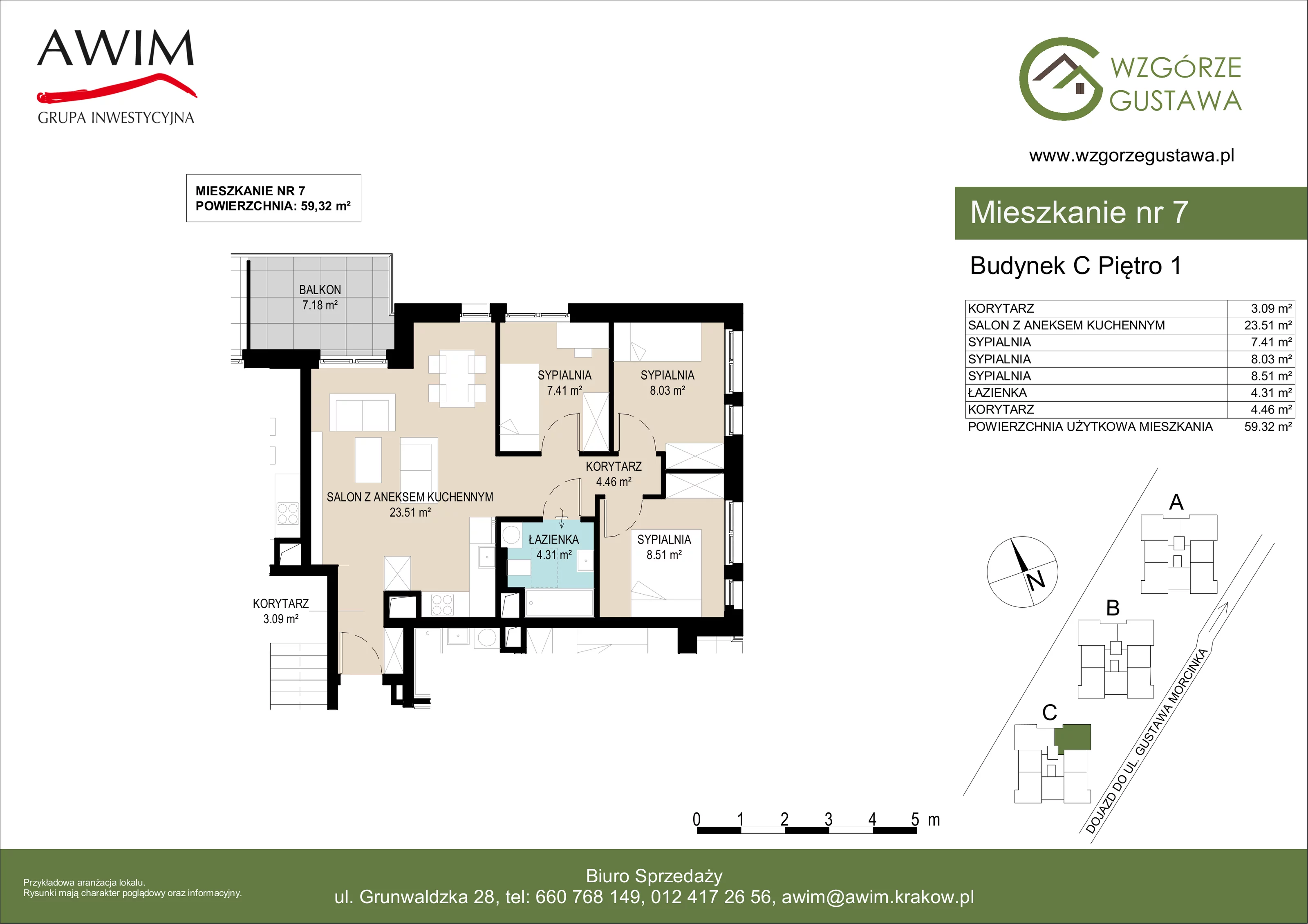 4 pokoje, mieszkanie 59,31 m², piętro 1, oferta nr C7, Wzgórze Gustawa, Kraków, Wzgórza Krzesławickie, Zesławice, ul. Gustawa Morcinka
