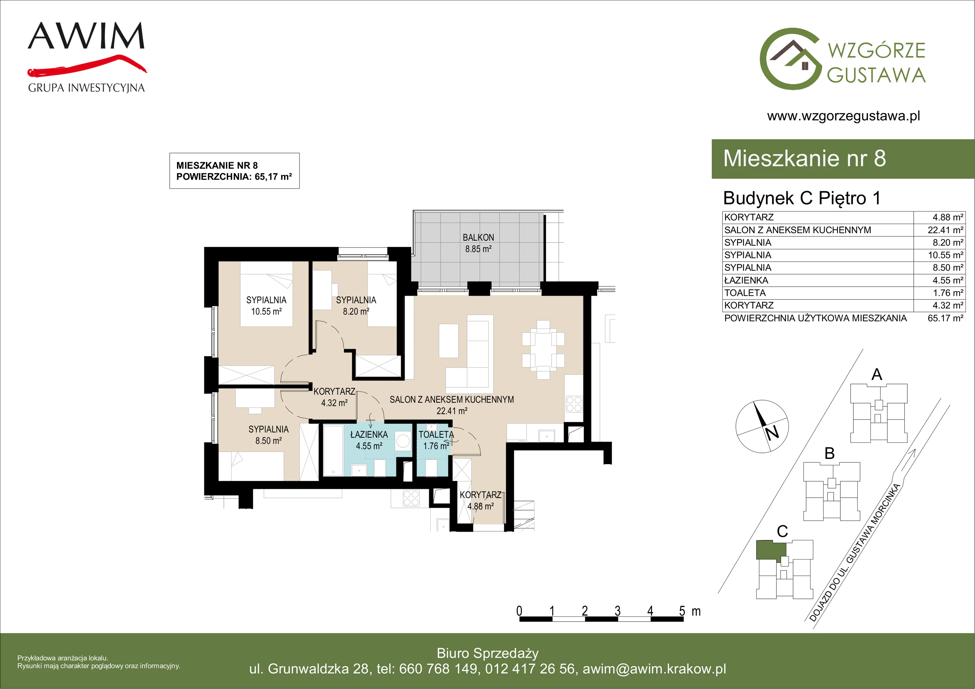 4 pokoje, mieszkanie 65,16 m², piętro 1, oferta nr C8, Wzgórze Gustawa, Kraków, Wzgórza Krzesławickie, Zesławice, ul. Gustawa Morcinka