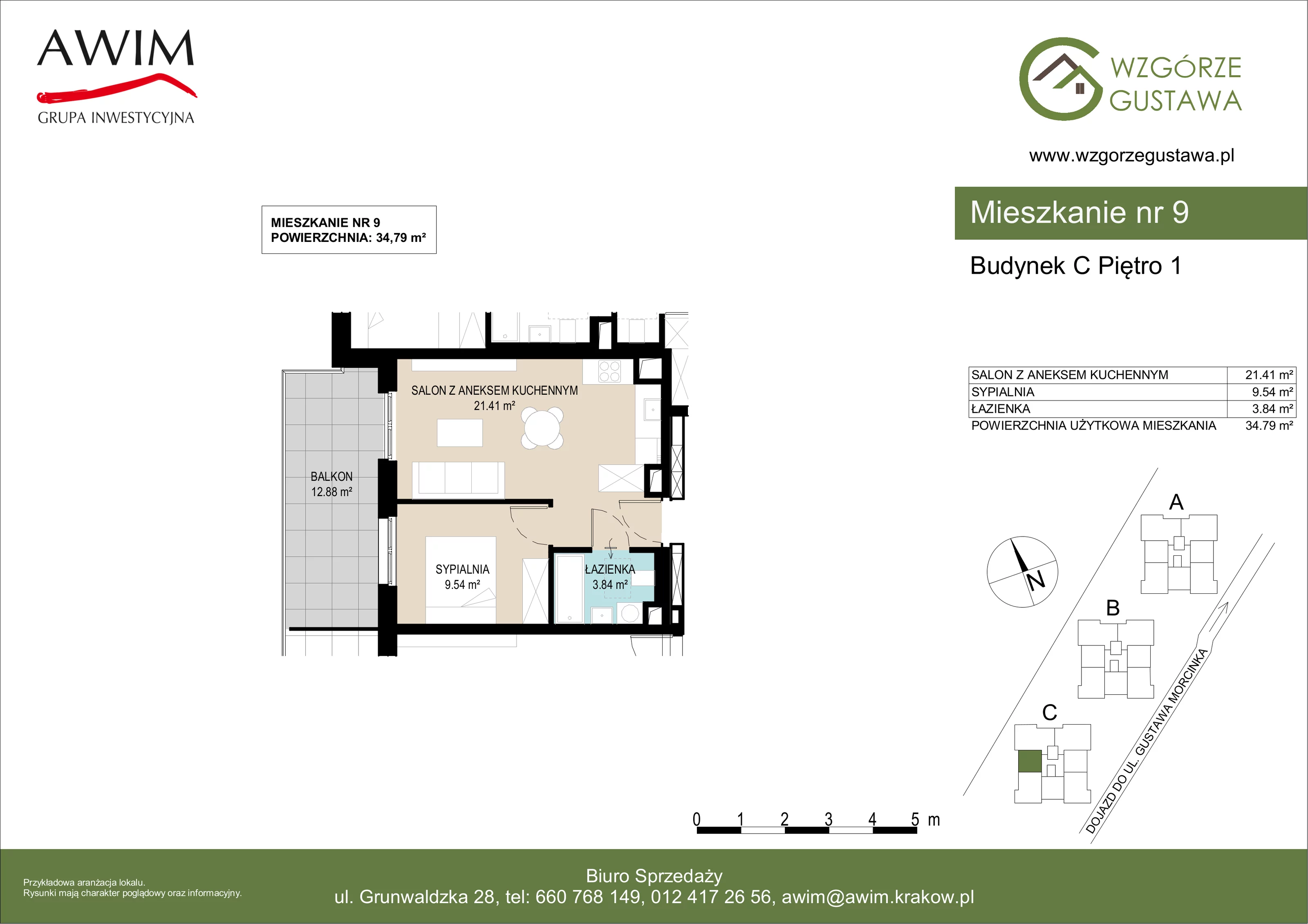 2 pokoje, mieszkanie 34,79 m², piętro 1, oferta nr C9, Wzgórze Gustawa, Kraków, Wzgórza Krzesławickie, Zesławice, ul. Gustawa Morcinka