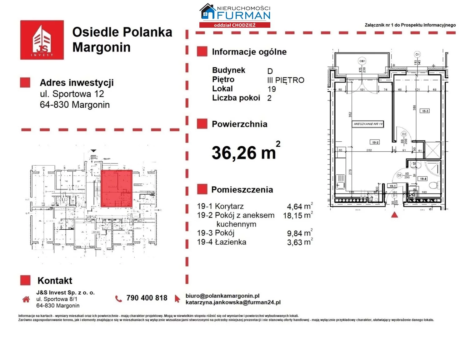 2 pokoje, mieszkanie 36,26 m², piętro 3, oferta nr , FRC-MS-196743, Margonin