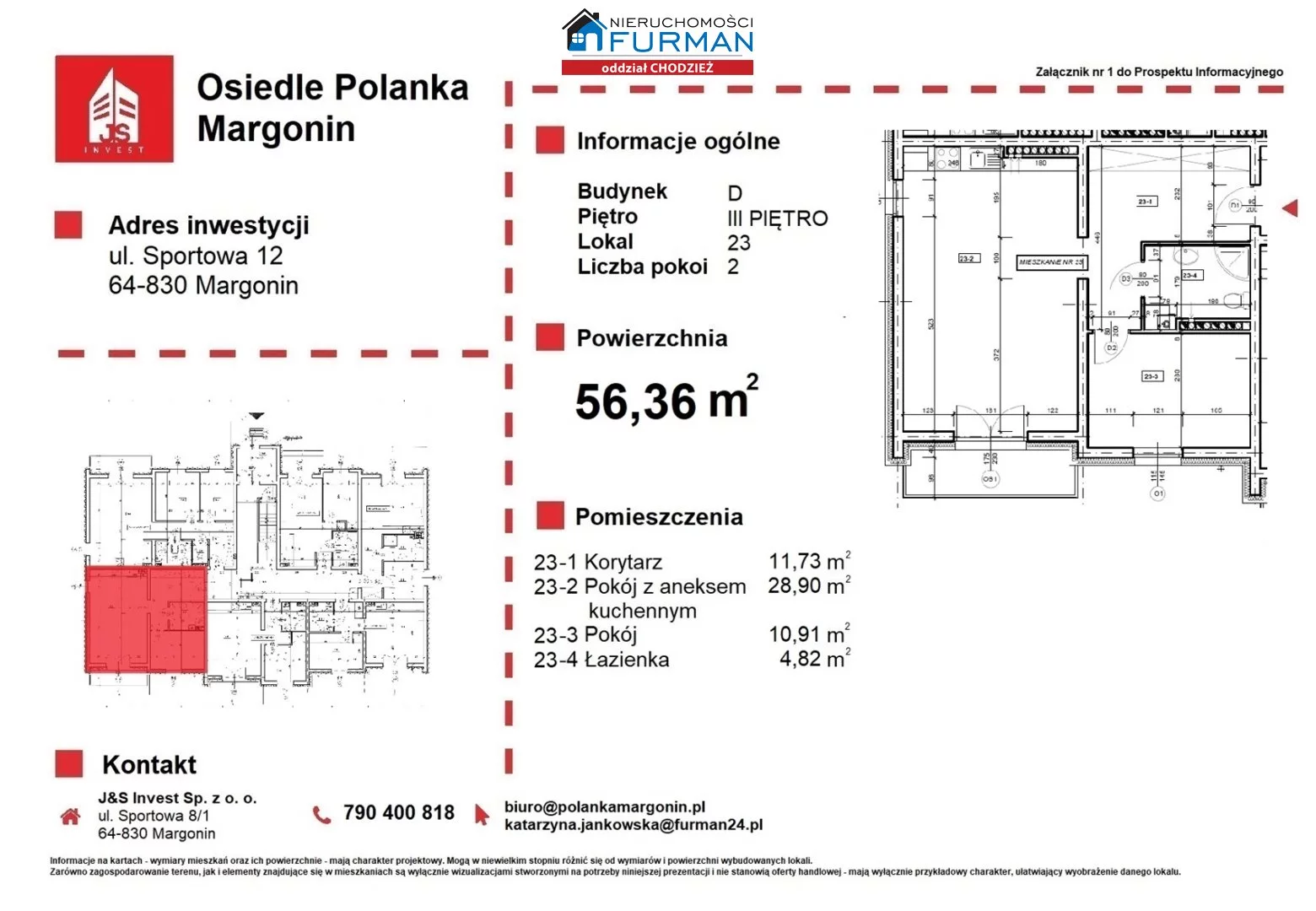 2 pokoje, mieszkanie 56,36 m², piętro 3, oferta nr , FRC-MS-196747, Margonin