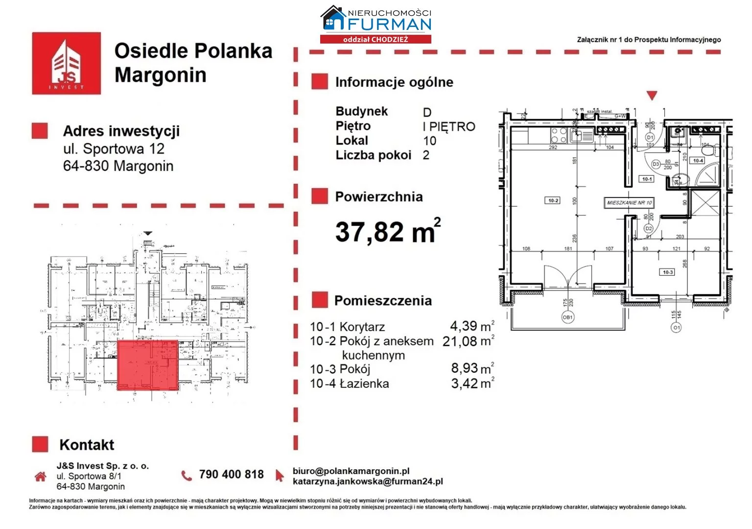 2 pokoje, mieszkanie 37,82 m², piętro 1, oferta nr , FRC-MS-196734, Margonin