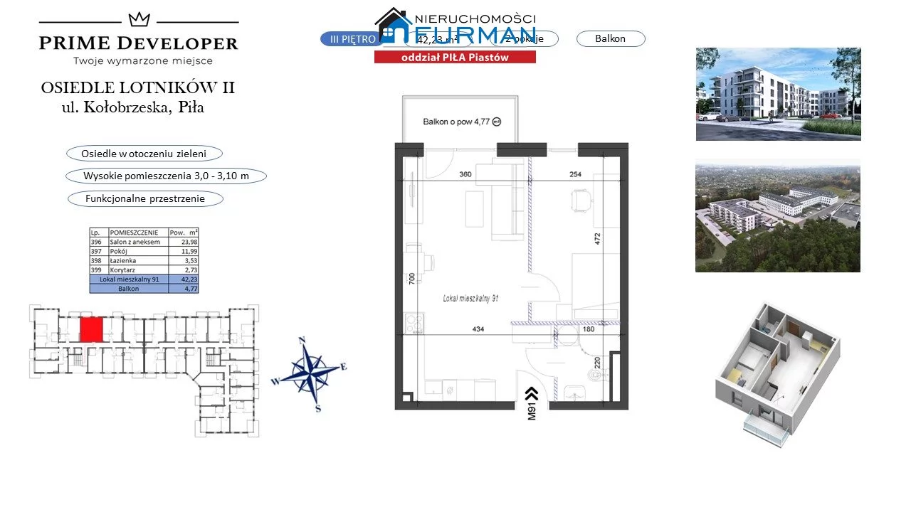 2 pokoje, mieszkanie 42,23 m², piętro 3, oferta nr , FRP-MS-194770, Piła