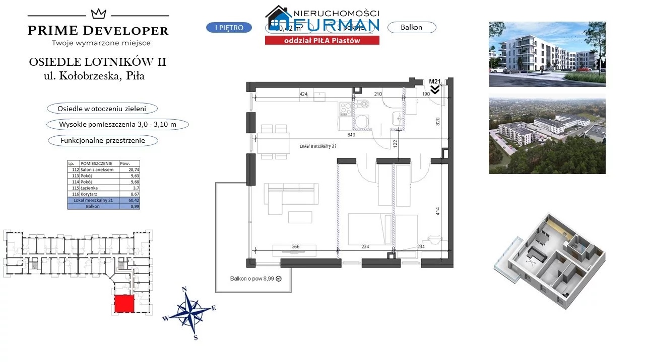 3 pokoje, mieszkanie 60,42 m², piętro 1, oferta nr , FRP-MS-194715, Piła