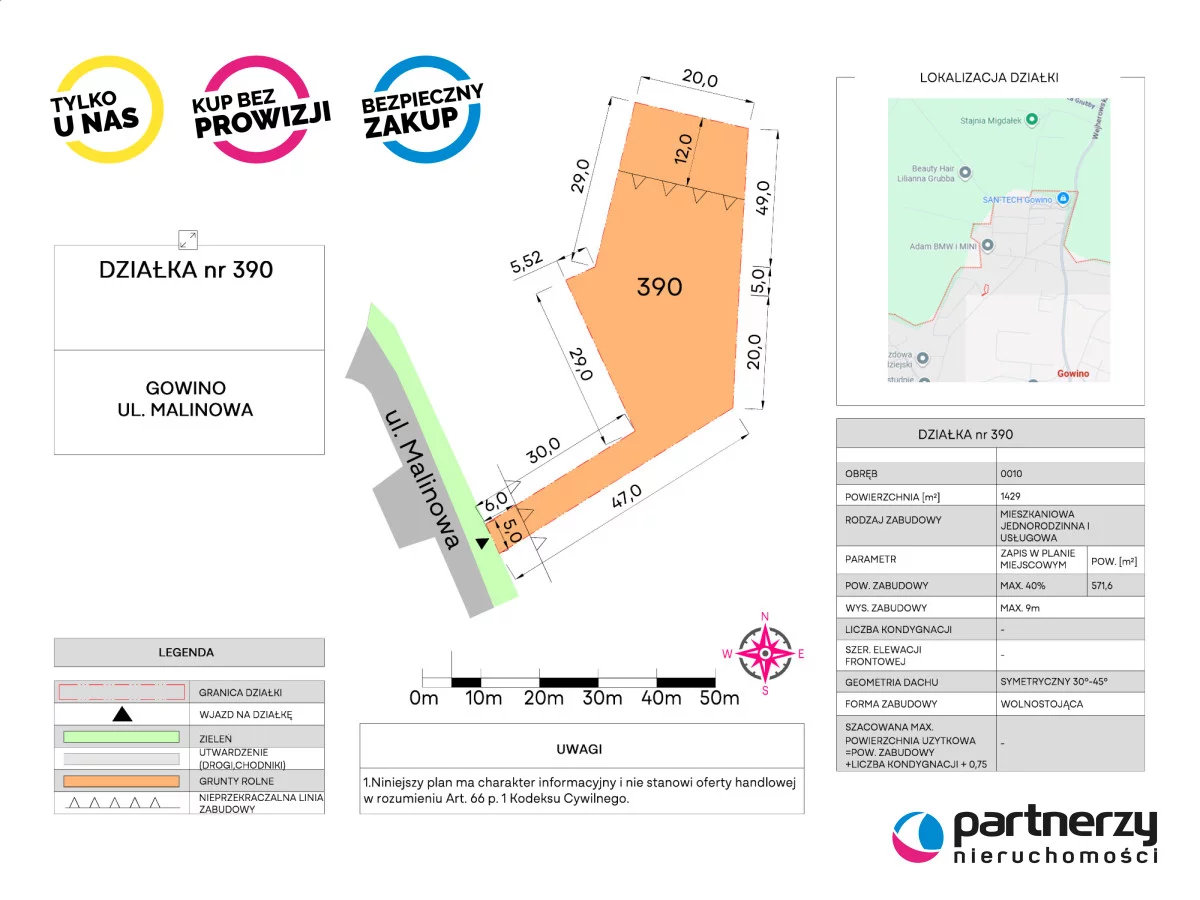 Działka 1 429,00 m², oferta nr , PAN783123, Gowino, Malinowa