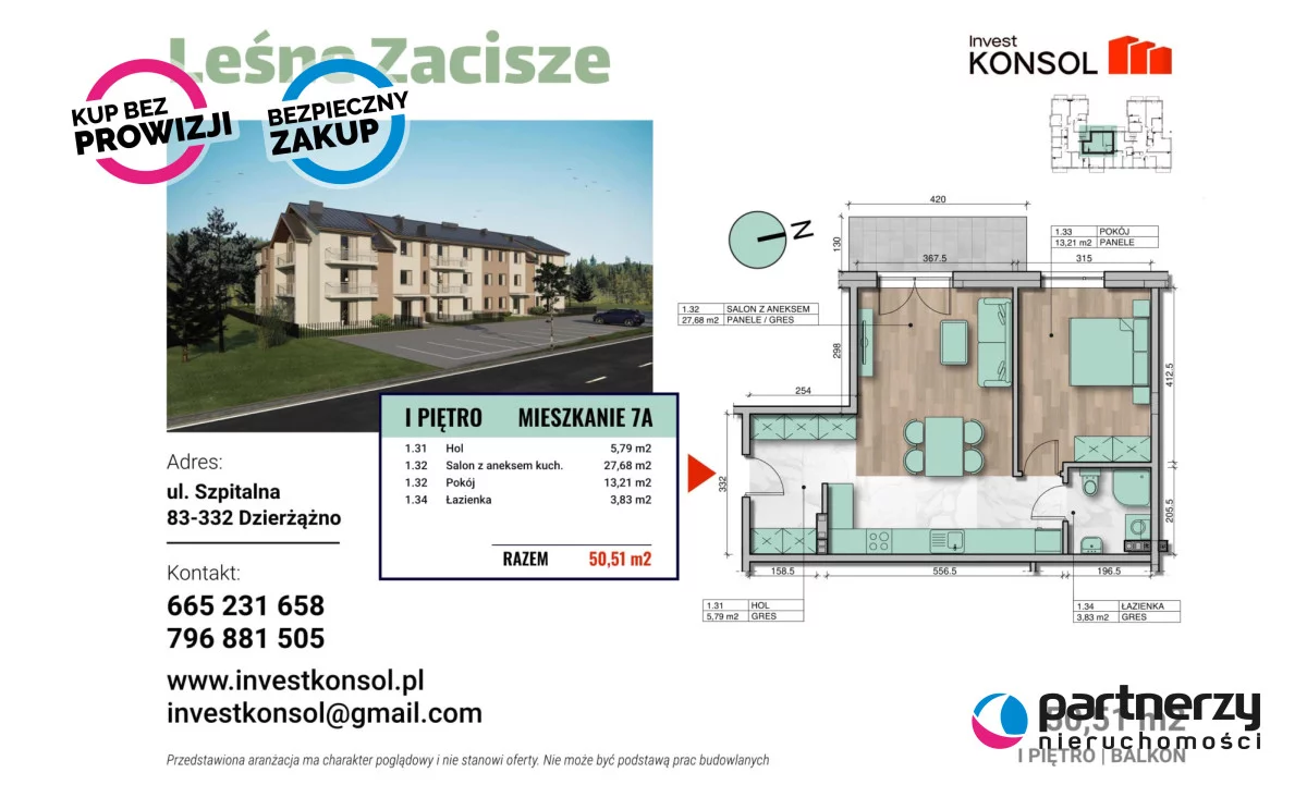 2 pokoje, mieszkanie 50,51 m², piętro 1, oferta nr , PAN435357, Dzierżążno, Szpitalna
