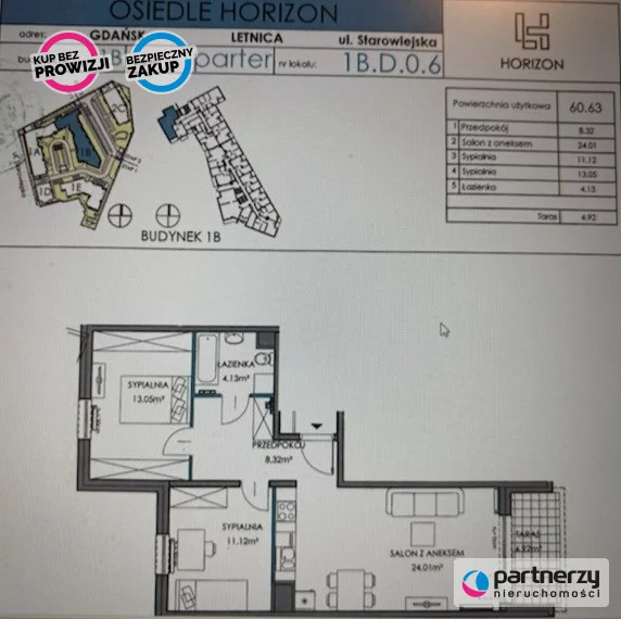 Mieszkanie trzypokojowe 60,63 m², Gdańsk, Letnica, Starowiejska, Sprzedaż