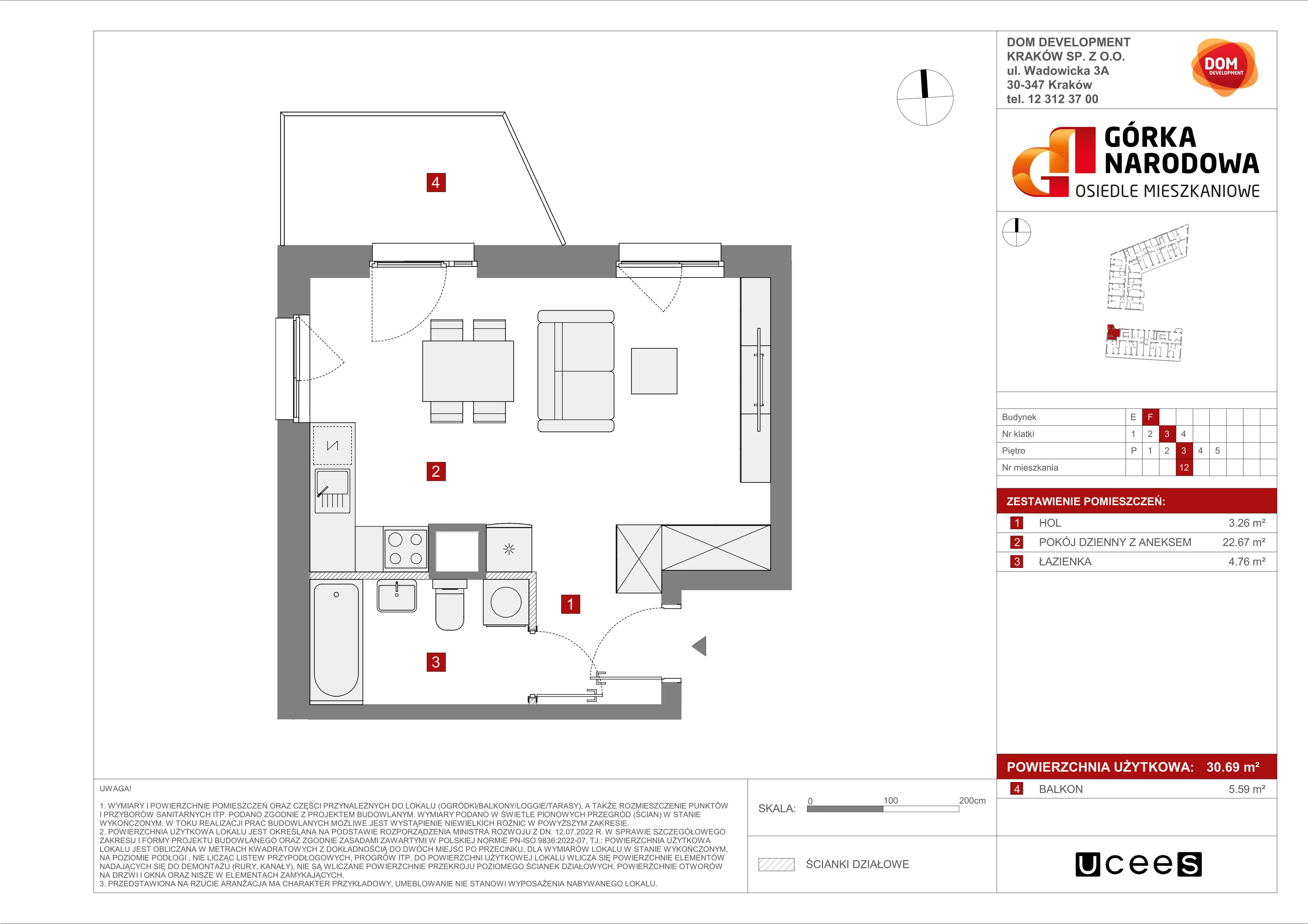 Mieszkanie 30,69 m², piętro 3, oferta nr F/12, Osiedle Górka Narodowa etap 5, Kraków, Prądnik Biały, Górka Narodowa, ul. Papierni Prądnickich