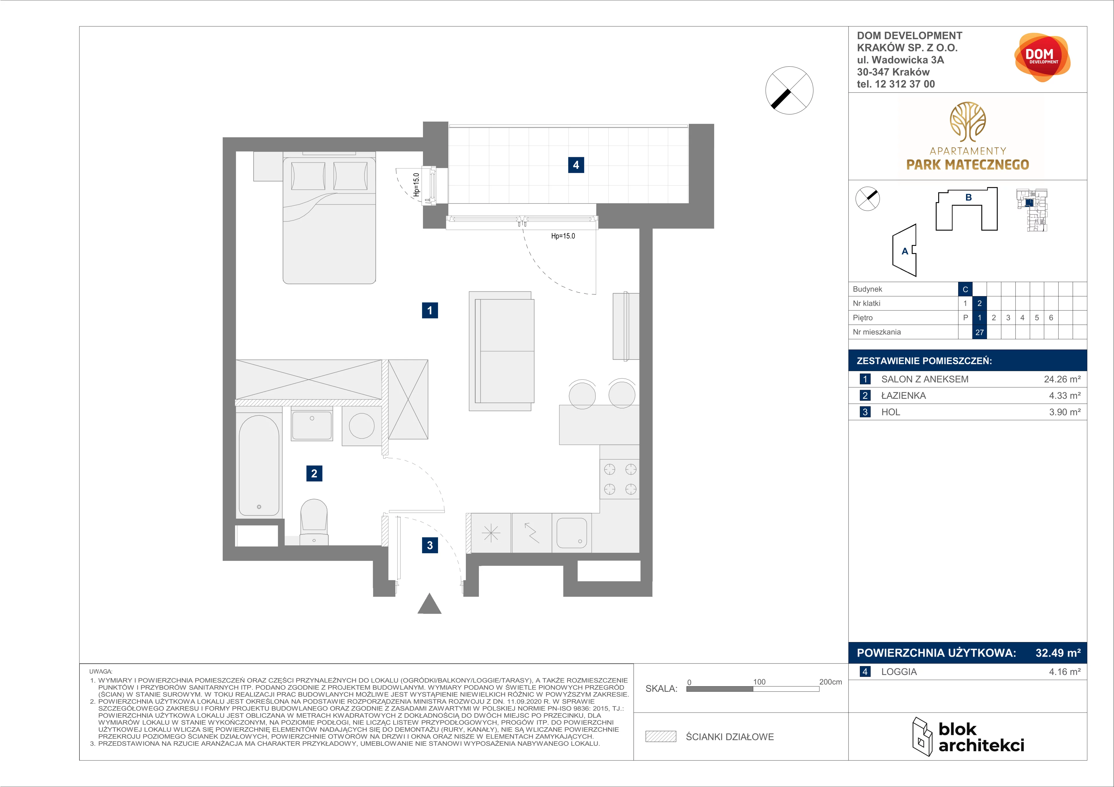 Mieszkanie 32,49 m², piętro 1, oferta nr C/27, Apartamenty Park Matecznego, Kraków, Podgórze, Mateczny, ul. Rydlówka 5