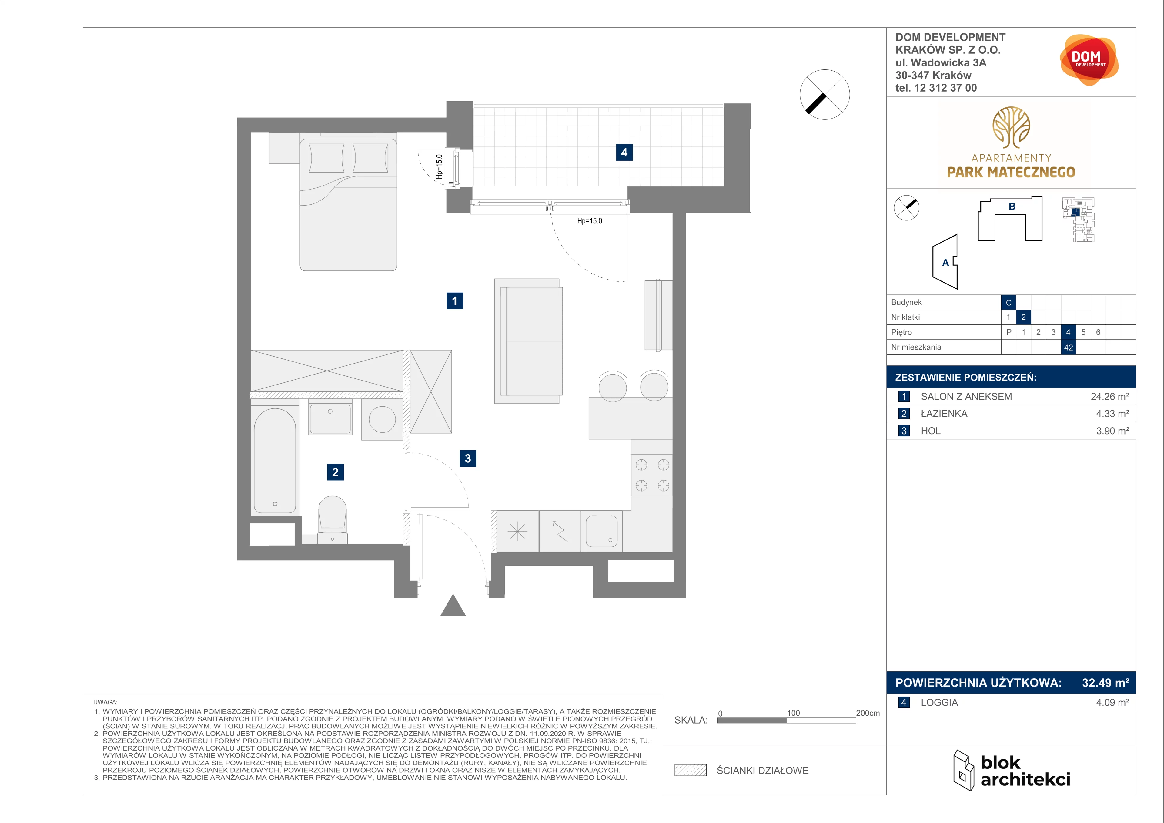 Mieszkanie 32,49 m², piętro 4, oferta nr C/42, Apartamenty Park Matecznego, Kraków, Podgórze, Mateczny, ul. Rydlówka 5