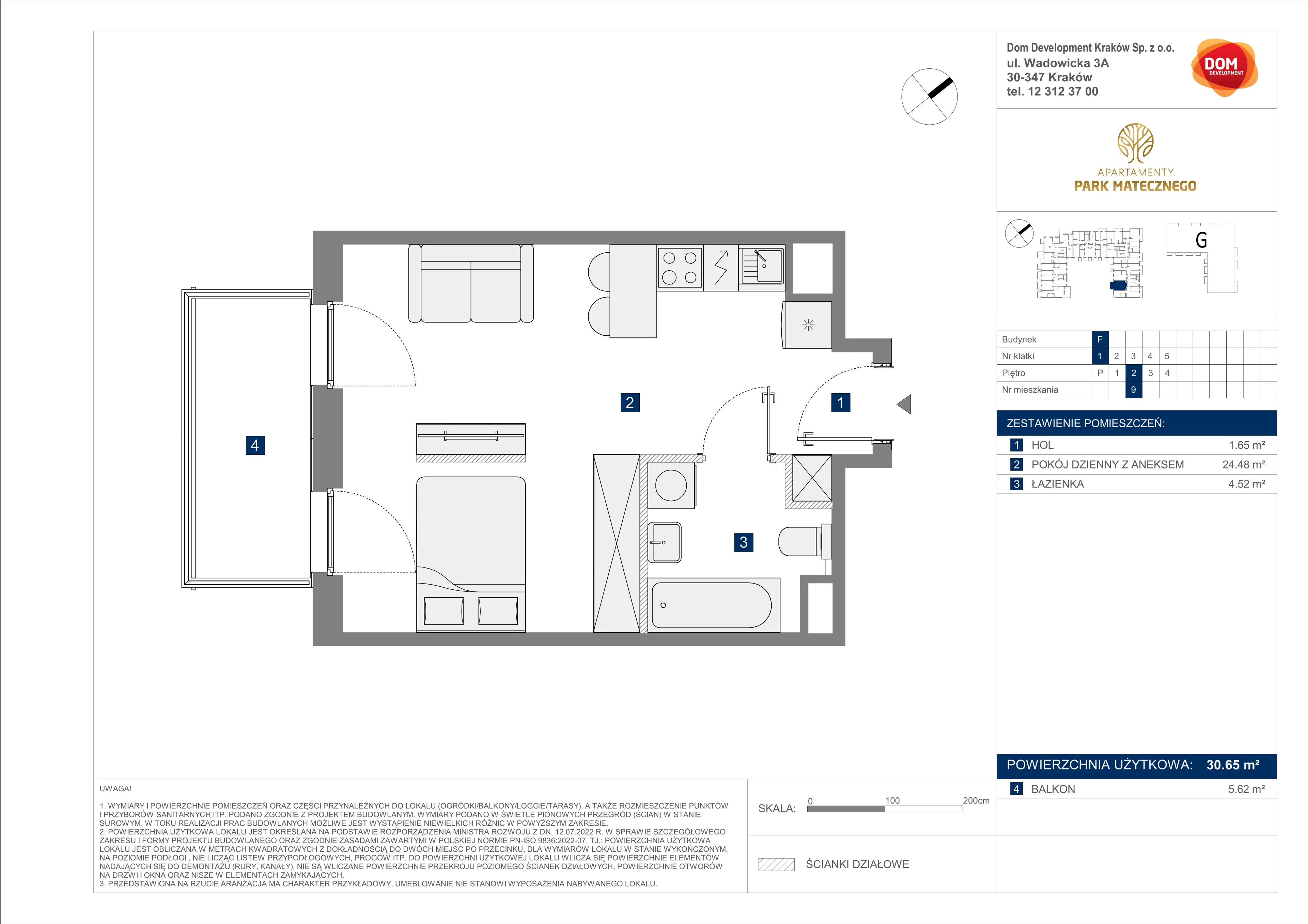 1 pokój, apartament 30,65 m², piętro 2, oferta nr F/9, Apartamenty Park Matecznego bud. F i G, Kraków, Podgórze, Mateczny, ul. Rydlówka / Nowoorawska