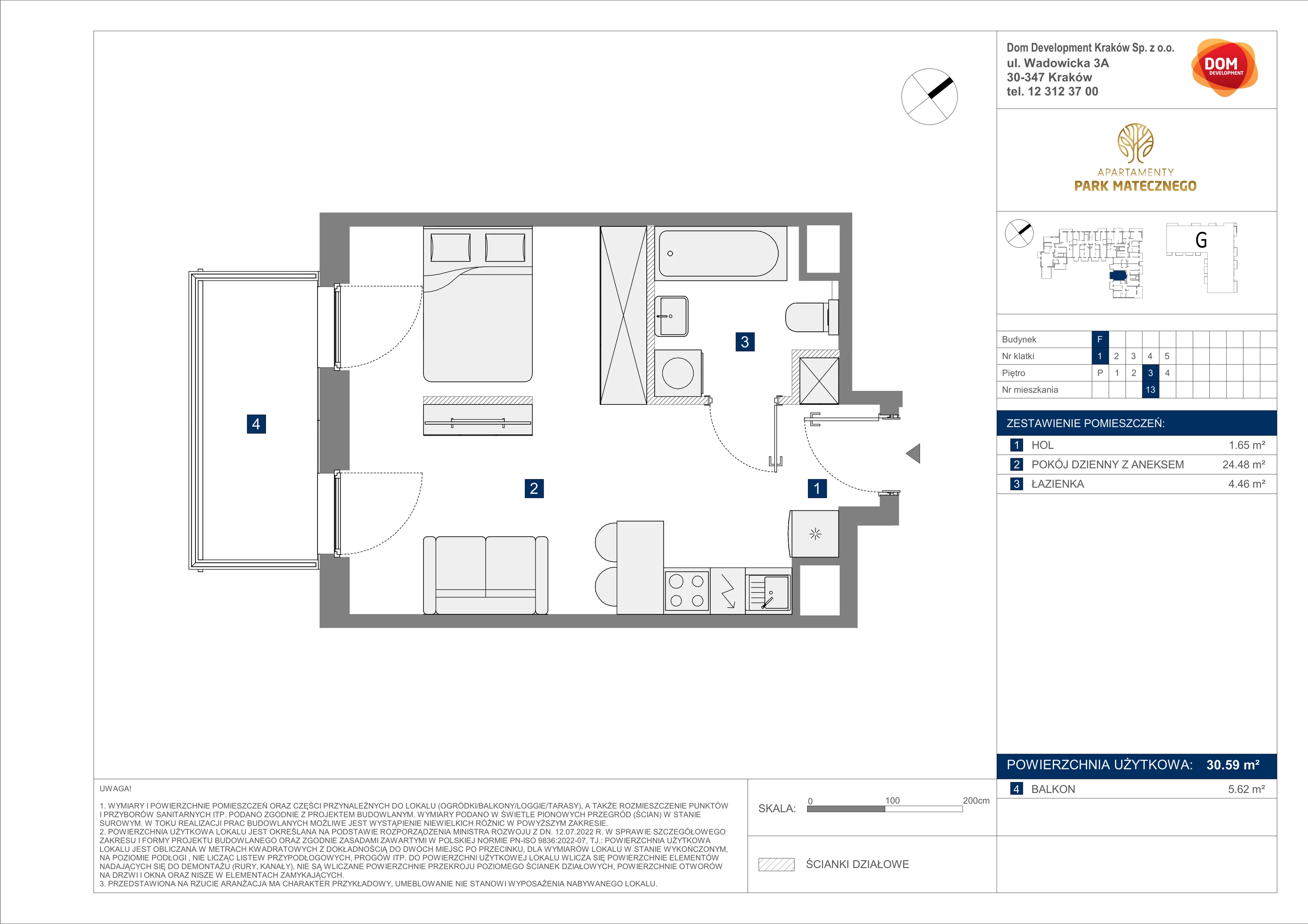 1 pokój, mieszkanie 30,59 m², piętro 3, oferta nr F/13, Apartamenty Park Matecznego bud. F i G, Kraków, Podgórze, Mateczny, ul. Rydlówka / Nowoorawska
