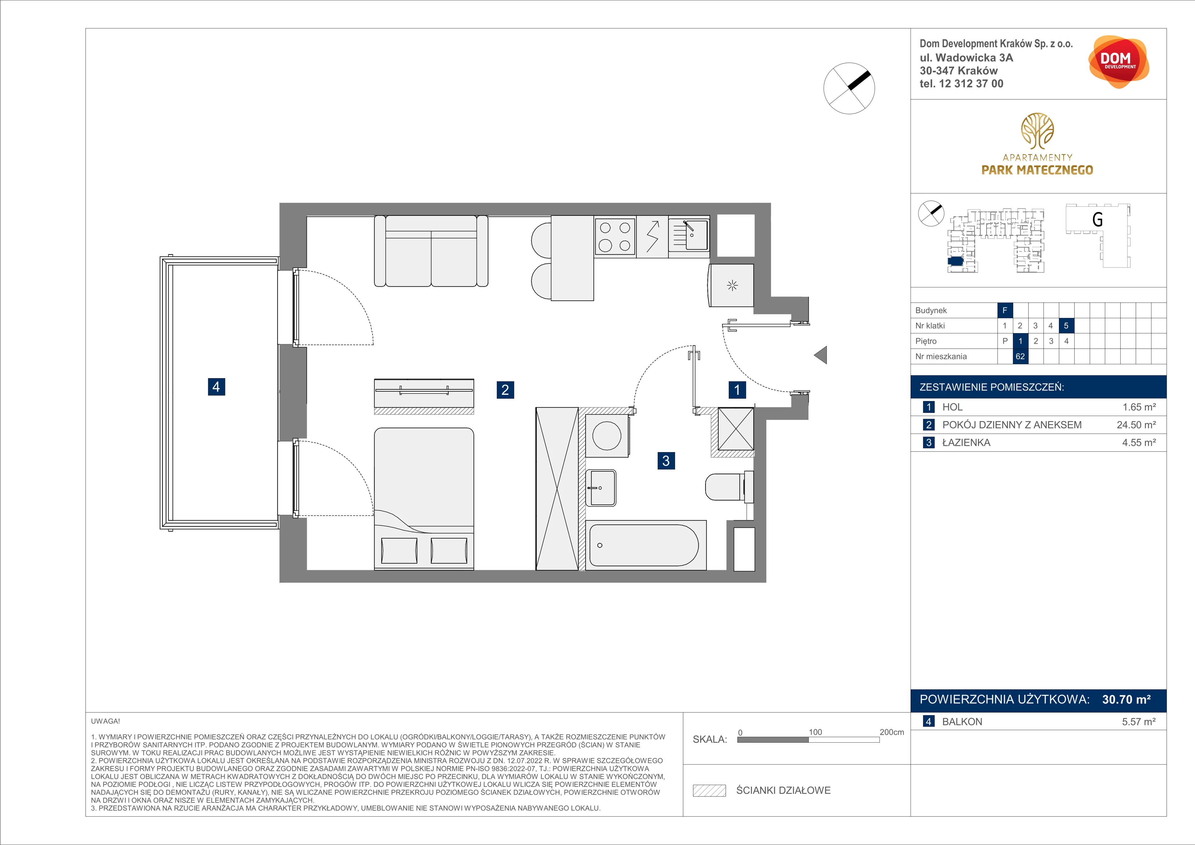 1 pokój, mieszkanie 30,70 m², piętro 1, oferta nr F/62, Apartamenty Park Matecznego bud. F i G, Kraków, Podgórze, Mateczny, ul. Rydlówka / Nowoorawska