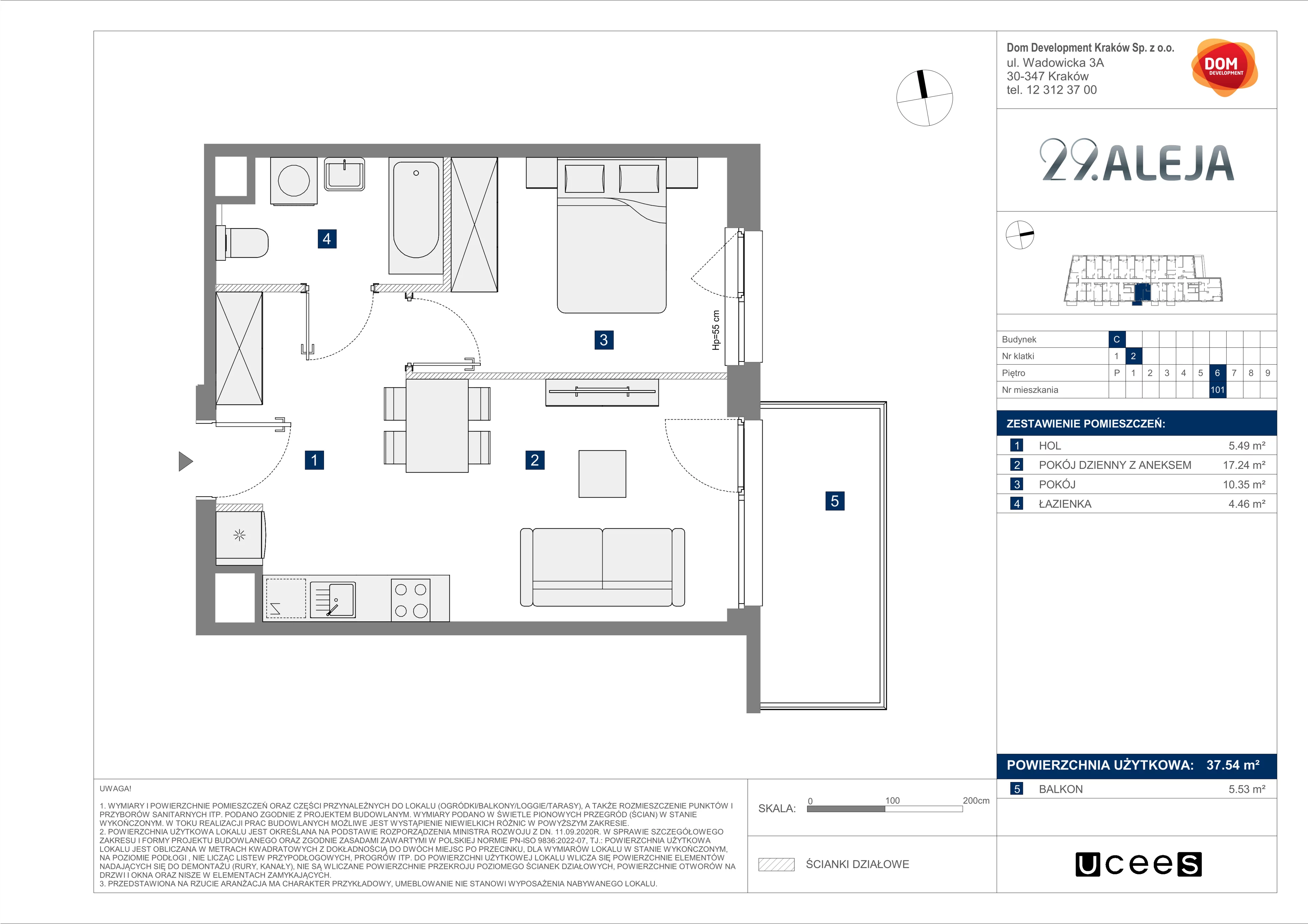 2 pokoje, mieszkanie 37,54 m², piętro 6, oferta nr C/101, 29. Aleja bud. C, Kraków, Stare Miasto, Warszawskie, al. 29 Listopada